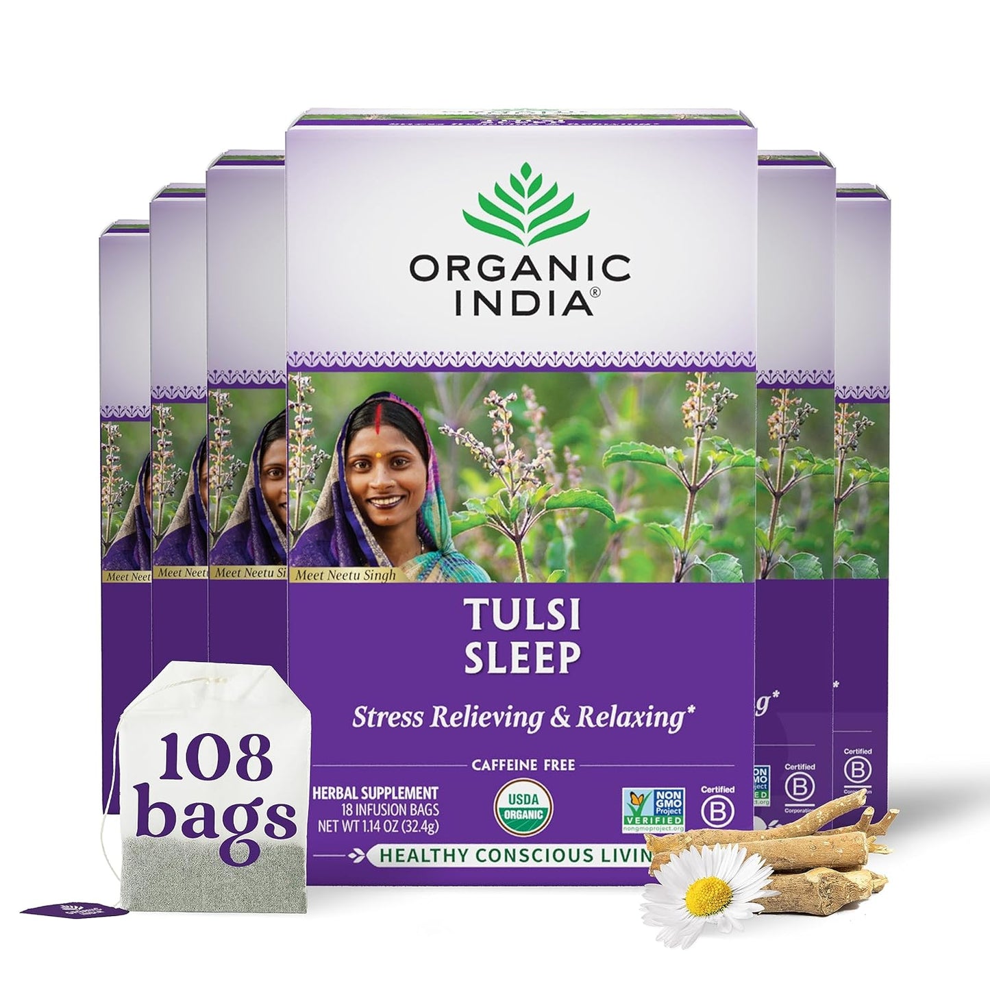 Tulsi Original Herbal Tea - Holy Basil and African Basil Calming and Stress Relief Tea, Immune Support, USDA Certified Organic, Non-Gmo, Caffeine-Free - 18 Infusion Bags, 6 Pack TLBH