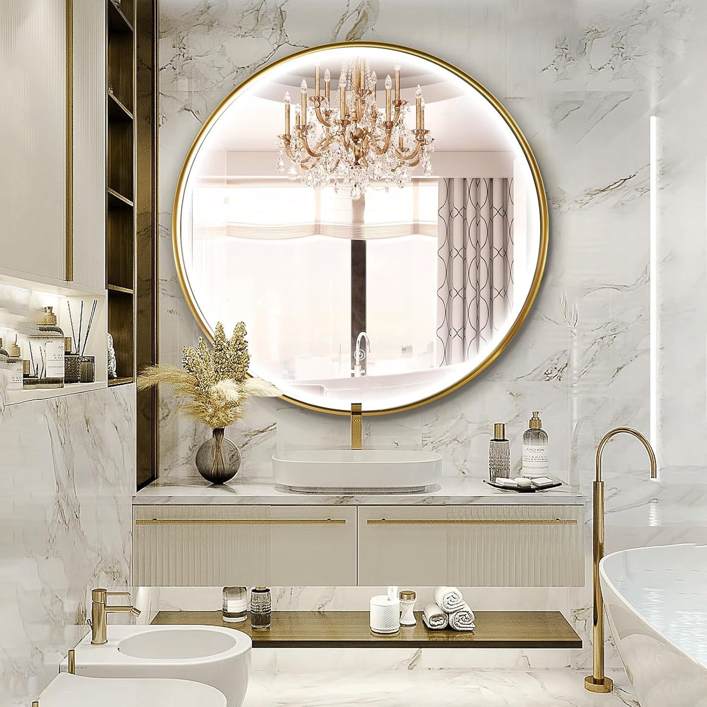 24 Inch round LED Bathroom Mirror, Circle Frame Recessed Light Strip Design Modern Vanity Mirror, Anti-Fog Smart Mirror with Stepless Color Temperature Adjustable 3000-6000K, Black