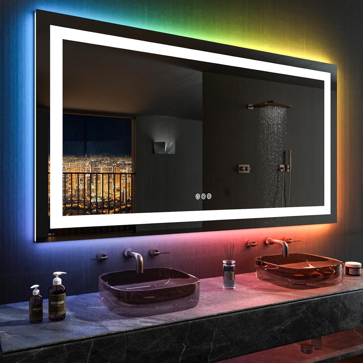 60”X30“ RGB LED Bathroom Mirror with Lights for Bathroom, Anti-Fog, Dimmable,Multiple Light Modes, RGB Backlit + Front Light, Memory Function, Tempered Glass