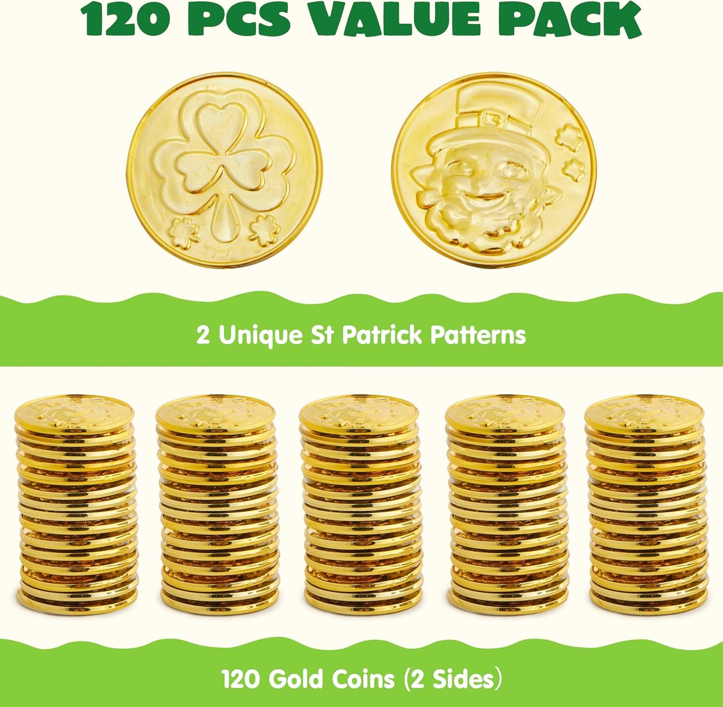 120 Pcs St. Patrick’S Day Gold Coins, Plastic Gold Coins Bulk with Shamrock, Leprechaun, Cauldron & Hat Patterns, St Patricks Accessories Games Gifts Decorations, Party Favors & Party Supplies