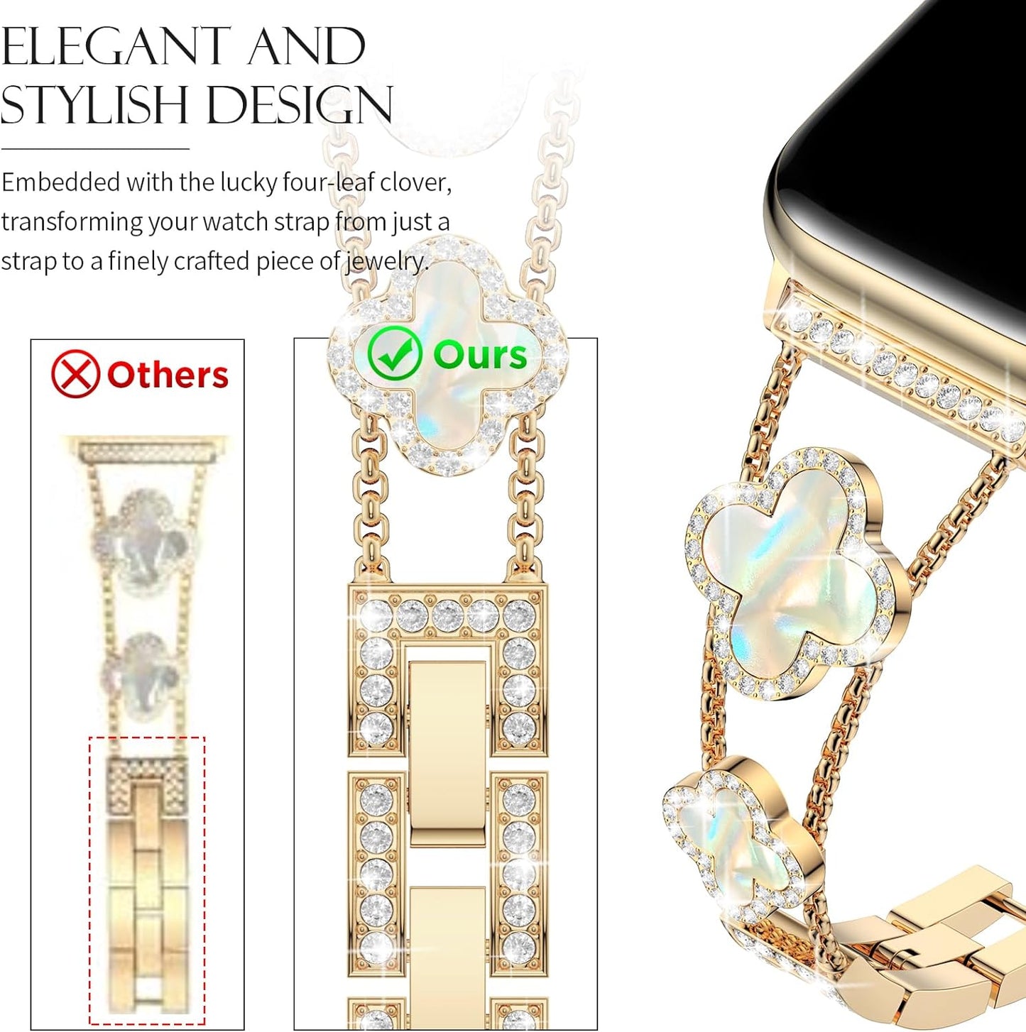 Bling Womens Band Compatible with Apple Watch Band 40Mm 41Mm 38Mm Series 9 8 7 6 5 4 3 2 1 SE, Sparkle Diamond Replacement Bracelet Wristband, Cute Lucky Clover Dressy Iwatch Band,Gold/White