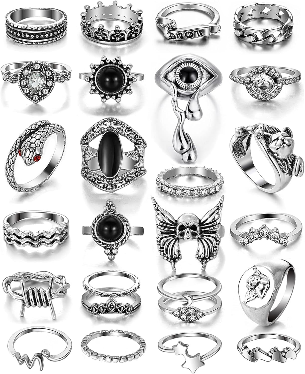 26-35 Pcs Vintage Silver Knuckle Rings Set for Women Men, Grunge Gothic Rings Chunky Aesthetic Snake Stackable Adjustable Punk Bulky Finger Alt Fairy Skull Frog Heart Star Flower Midi Ring Pack