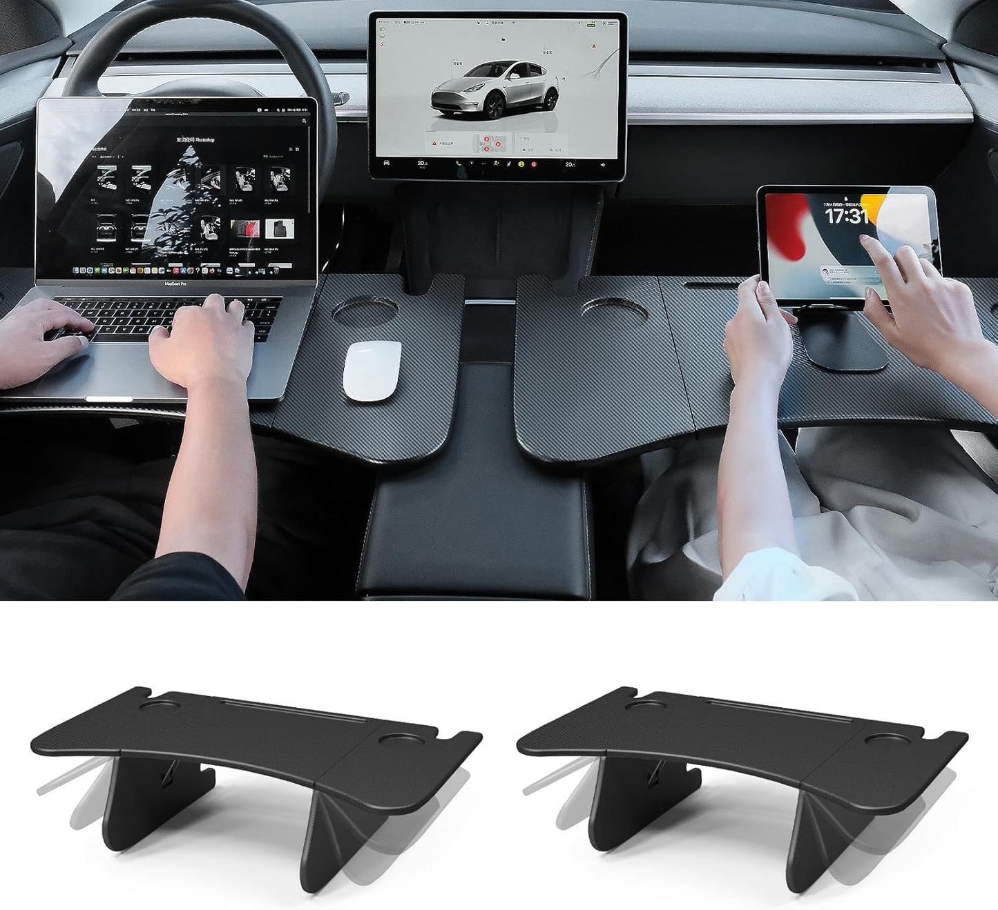 Car Laptop Desk for Tesla Model Y Model 3: Carbon Fiber Texture Tray, Foldable Food Table for Dining, In-Car Work, and Outdoor Travel, 2024 Multi-Functional Tesla Accessories (1 Pack)