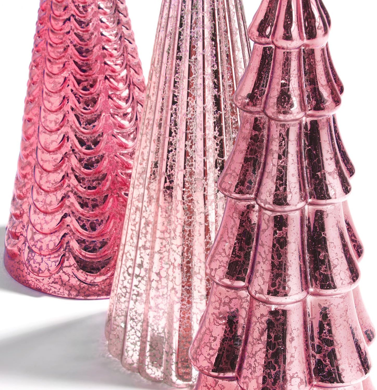 Table Top Christmas Tree Decorations with Fairy Lights, Set of 3 Assorted Trees, 10 Inch Tall, Pink Mercury Glass Finish, Batteries Included, Holiday Table Centerpiece and Mantle Decor