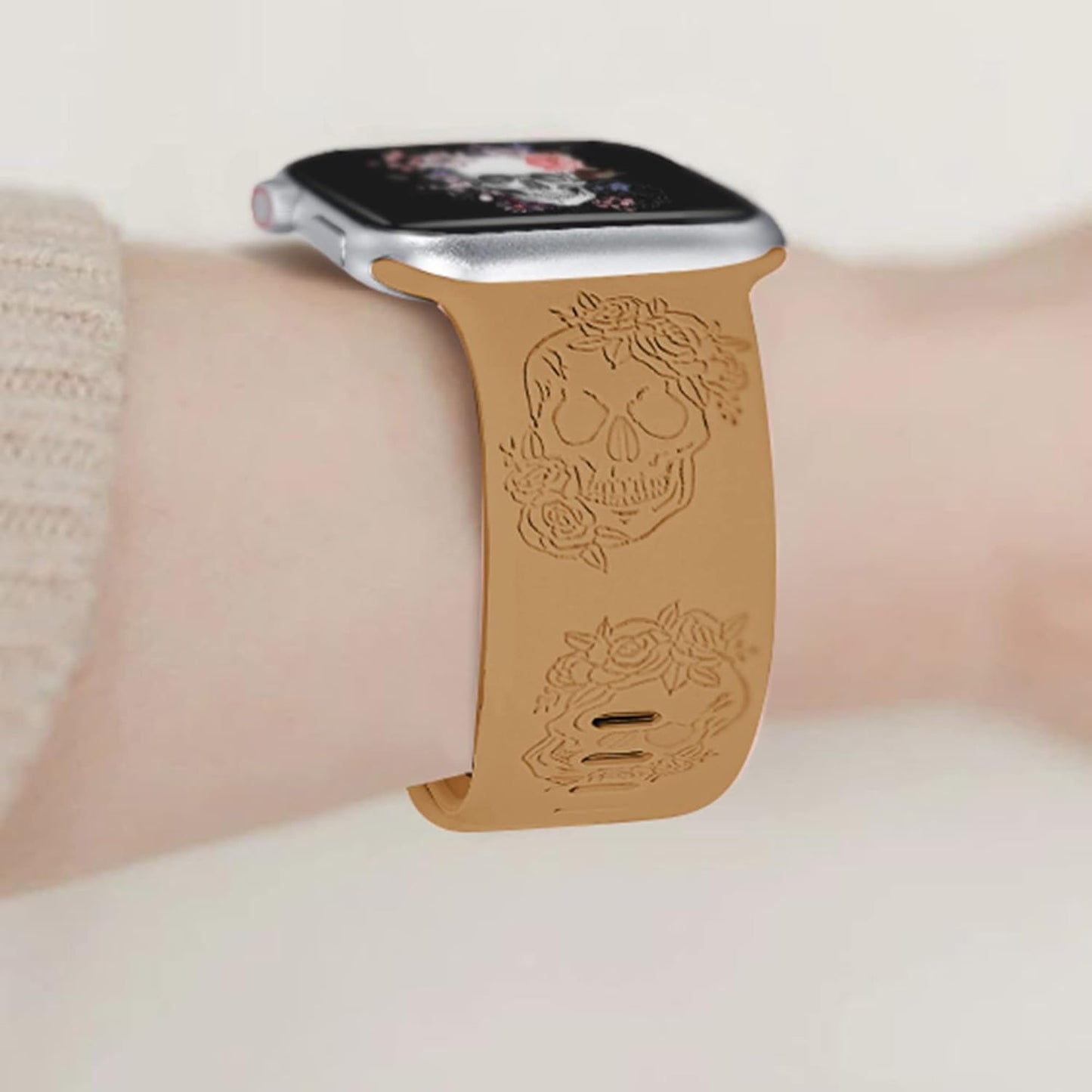 Compatible with Apple Watch Bands 38Mm 42Mm,Floral Skelton Skulls with Moth, Boho Engraved Soft Silicone Sport Celestial Watch Band,Silicone Watch Strap.Laser Engraved and Compatible with Series SE 7 6 5 4 3 2 1 for Women Men,38/42 Mm