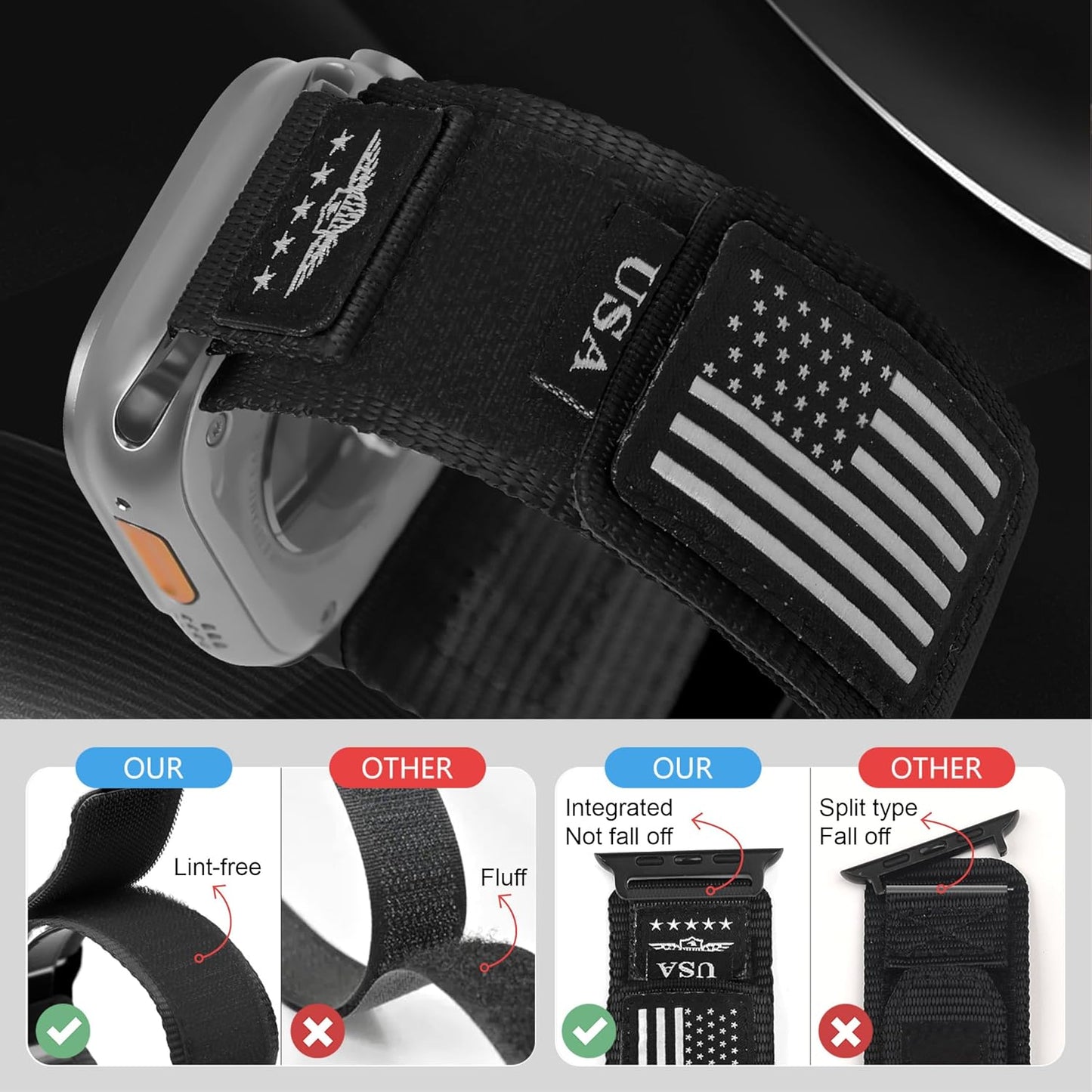 Rugged Nylon for Apple Watch Ultra/2 Band 49Mm Iwatch Bands 45Mm 44Mm 42Mm Men,Soft Woven Adjustable Stars-Stripes Flag Wristbands Strap for Apple Watch Ultra Band 9/8/7/6/5/4/3/Se/Ultra2 44/45/49 Mm