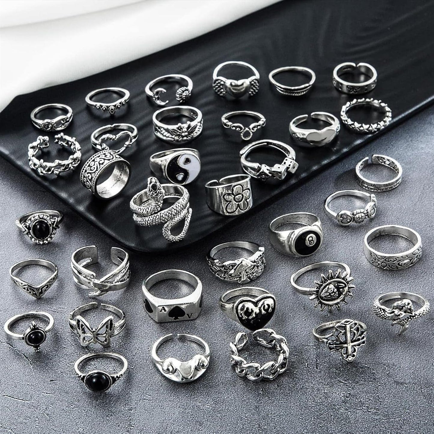 26-35 Pcs Vintage Silver Knuckle Rings Set for Women Men, Grunge Gothic Rings Chunky Aesthetic Snake Stackable Adjustable Punk Bulky Finger Alt Fairy Skull Frog Heart Star Flower Midi Ring Pack