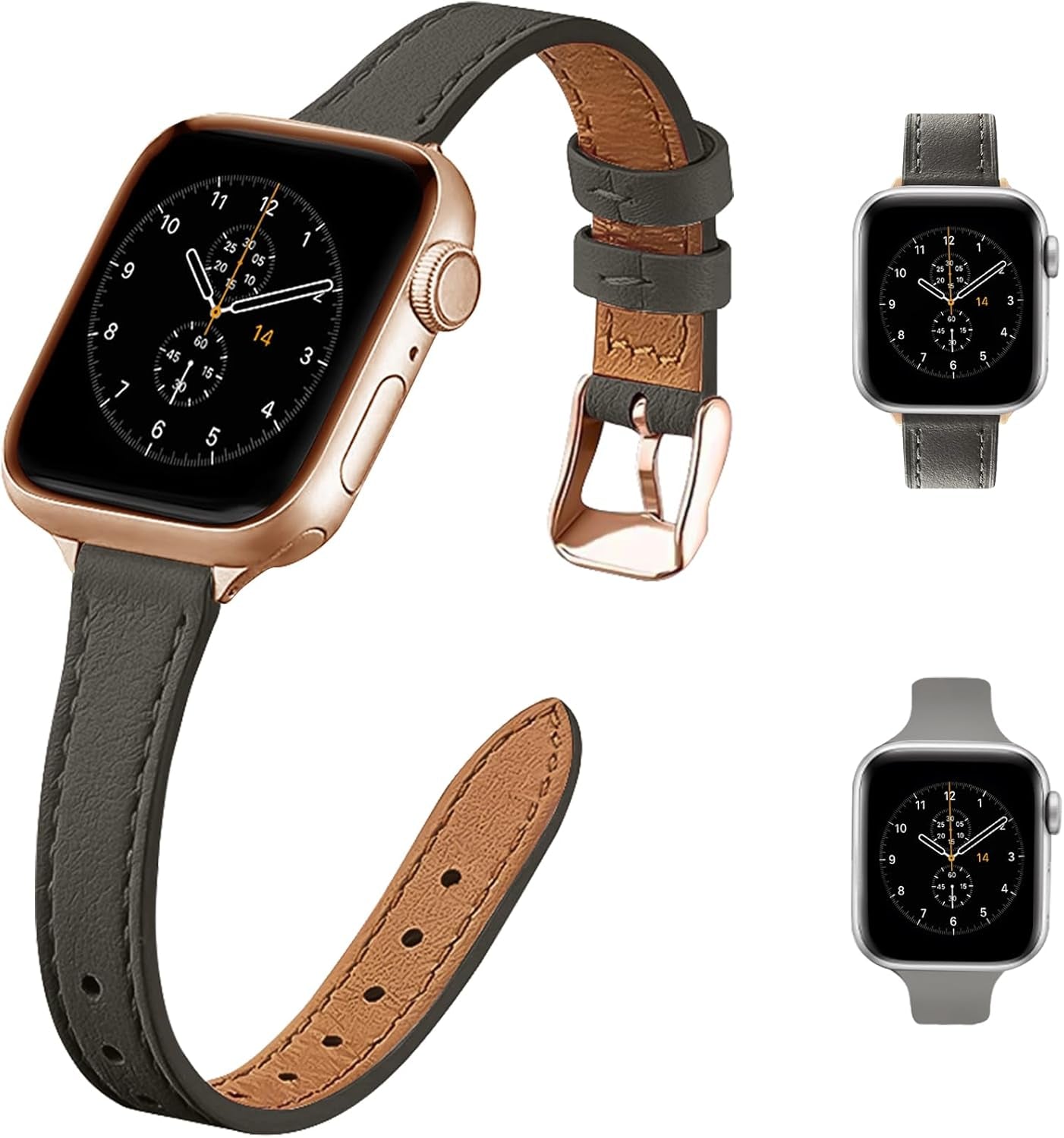 Slim Leather Watch Bands Compatible with Apple Watch Band 38Mm 40Mm 41Mm 42Mm 44Mm 45Mm 49Mm,Top Grain Leather Band Slim & Thin Replacement Wristband for Iwatch Ultra Series 8 7 6 5 4 3 2 1 SE (2 Pack Watch Band)