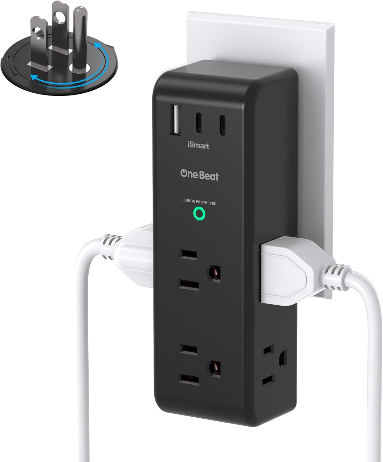 Surge Protector Outlet Extender - with Rotating Plug, 6 AC Multi Plug Outlet with 3 USB Ports (1 USB C), 1800J Wall Charger, 3-Sided Power Strip with Spaced Outlet Splitter for Home, Office, Travel