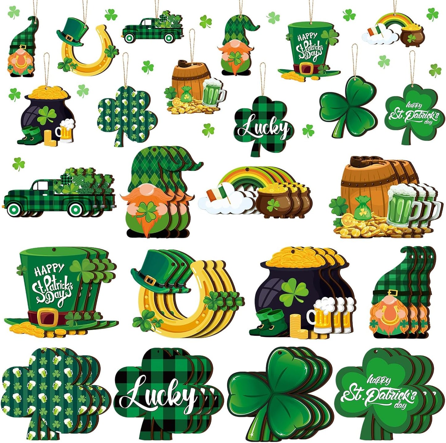 36 Pcs St. Patrick'S Day Tree Ornaments St. Patrick'S Day Wooden Ornaments for Small Tree Shamrock Decorations Gnome Clover Truck Plaid Hanging Cutouts for St. Patrick'S Day Irish Decor