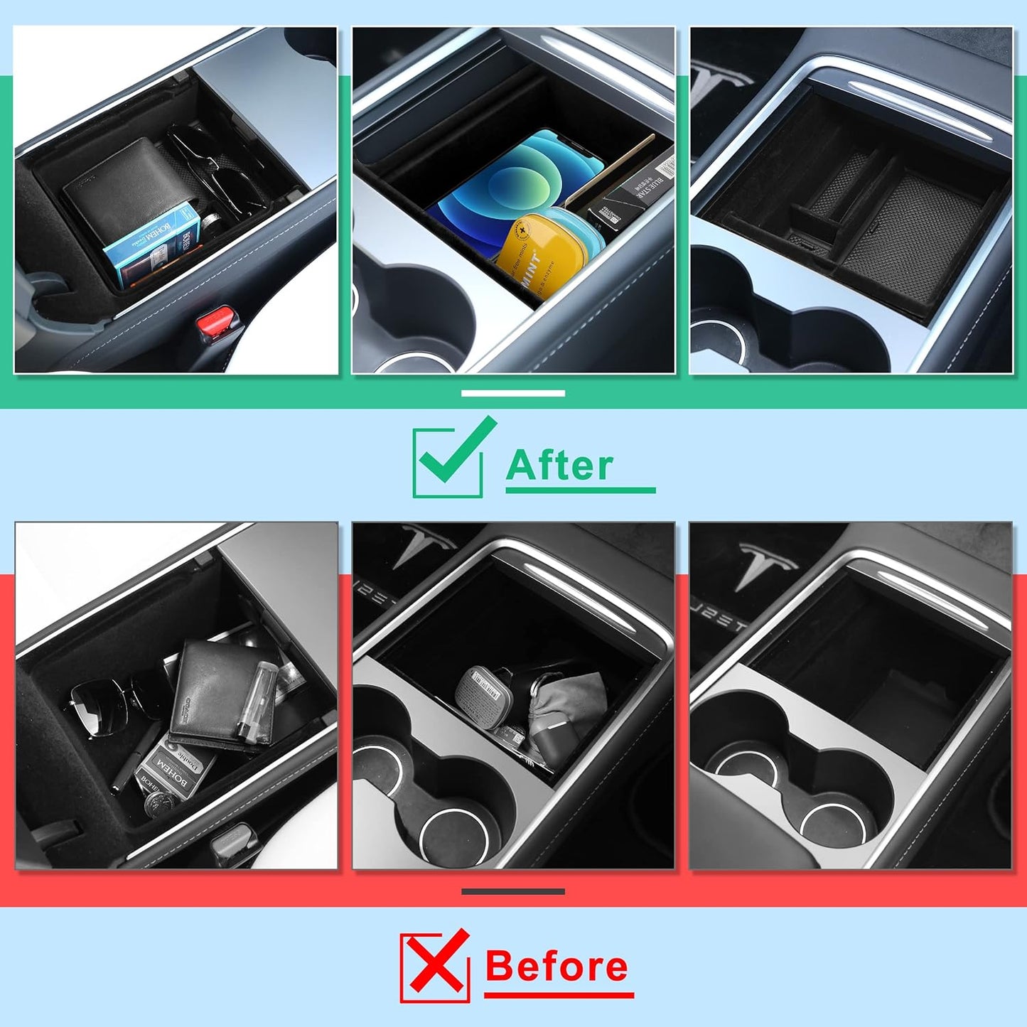 5Pcs 2023 Upgraded Center Console Organizer Tray Compatible for Tesla Model 3 Model Y Accessories 2023 2022 2021 Armrest Hidden Drawer Storage Box 1PC Webcam Cover 1PC Tissue Holder