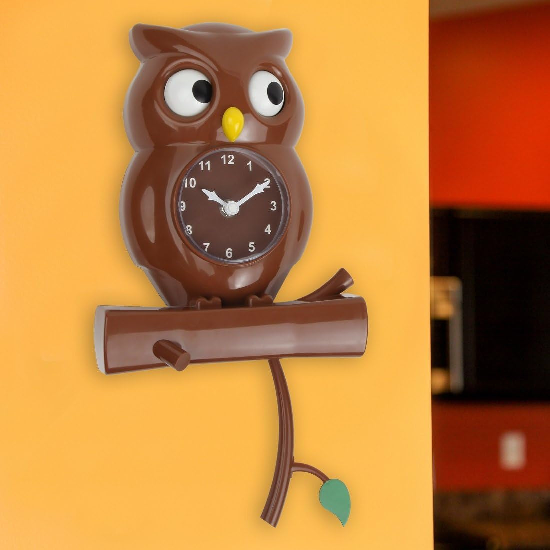 Pendulum Owl Clock with Revolving Eyes and Swinging Branch, Battery Powered and Wall Mountable, Wonderful and Whimsical Addition to Themed Bedroom Décor, Brown (15 Inches)