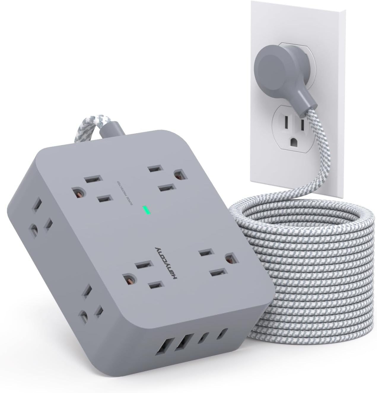 Surge Protector Power Strip - 8 Outlets with 4 USB (2 USB C) Charging Ports, Multi Plug Outlet Extender, 5Ft Braided Extension Cord, Flat Plug Wall Mount Desk USB Charging Station for Home Office ETL