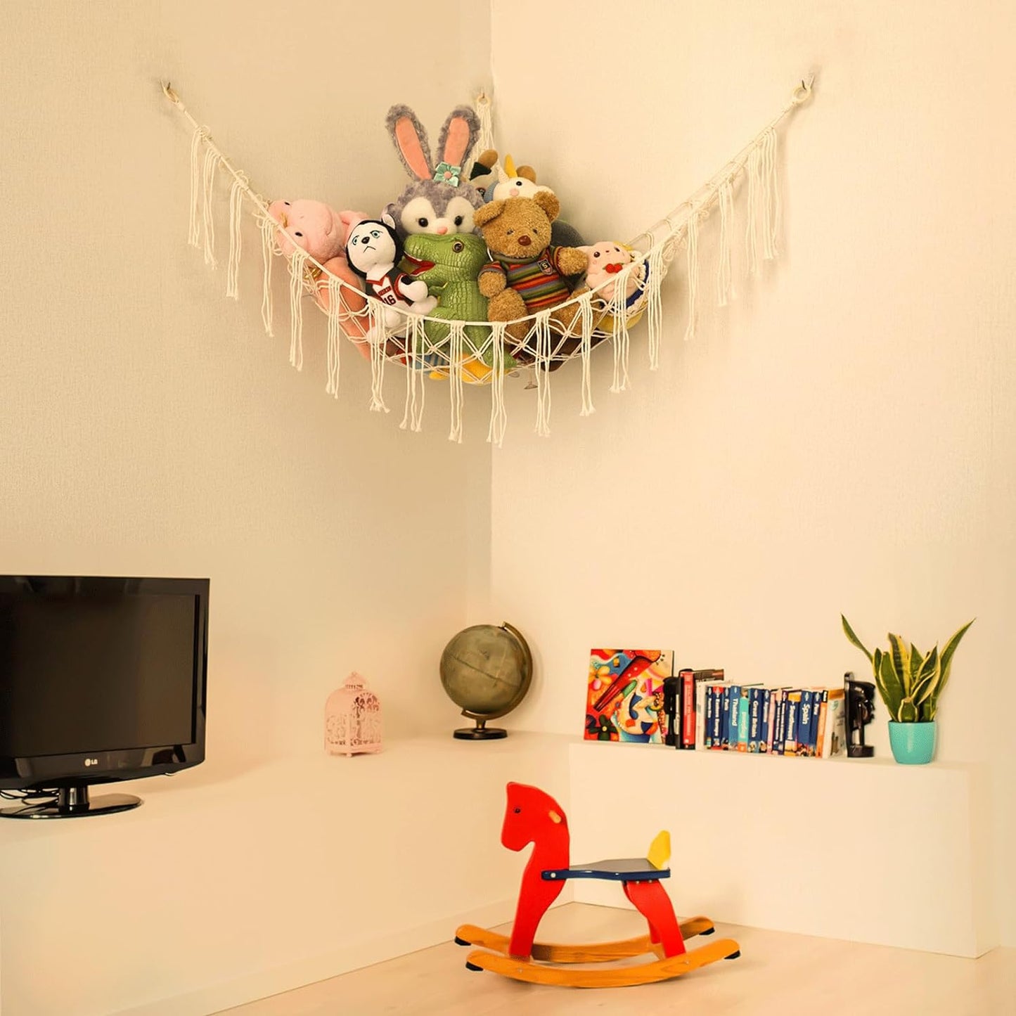 Boho Stuffed Animals Net or Hammock Large,55 Inch Toy Hammock Macrame Stuff Animal Storage Corner Hanging Net Holder,Mesh Hammock Plush Toy Organizer with Hooks for Bedroom,Nursery (White)