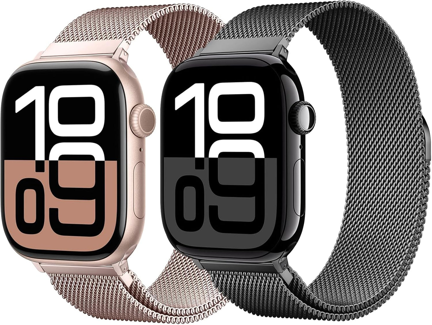 2 Pack Stainless Steel Mesh Loop Compatible with Apple Watch Band 38Mm 40Mm 41Mm 42Mm Series 10 Women Men, Magnetic Clasp Replacement Strap for Iwatch - Rose Gold+Black