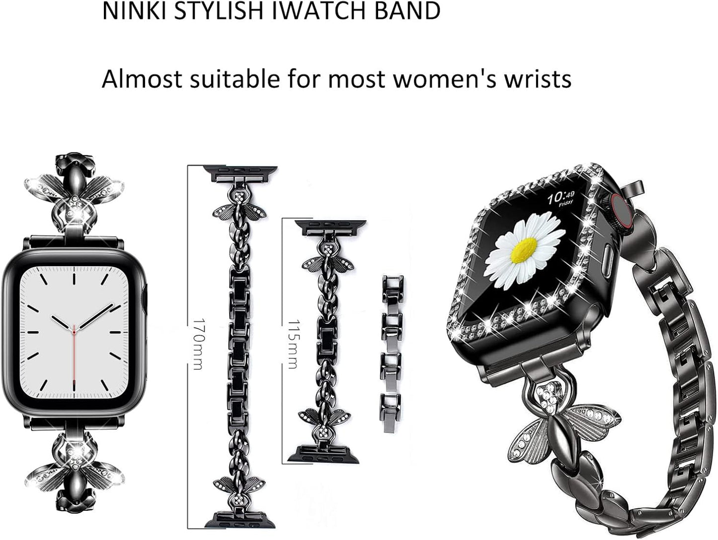 Metal Gold Bands Compatible Glitter Apple Watch Band 38Mm 40Mm 41Mm for Women Honey Bee,Stainless Steel Iwatch Strap Bling Slim Wristband Chain for Iwatch Series 9/8/7/6/5/4/3/2/1/SE2/SE