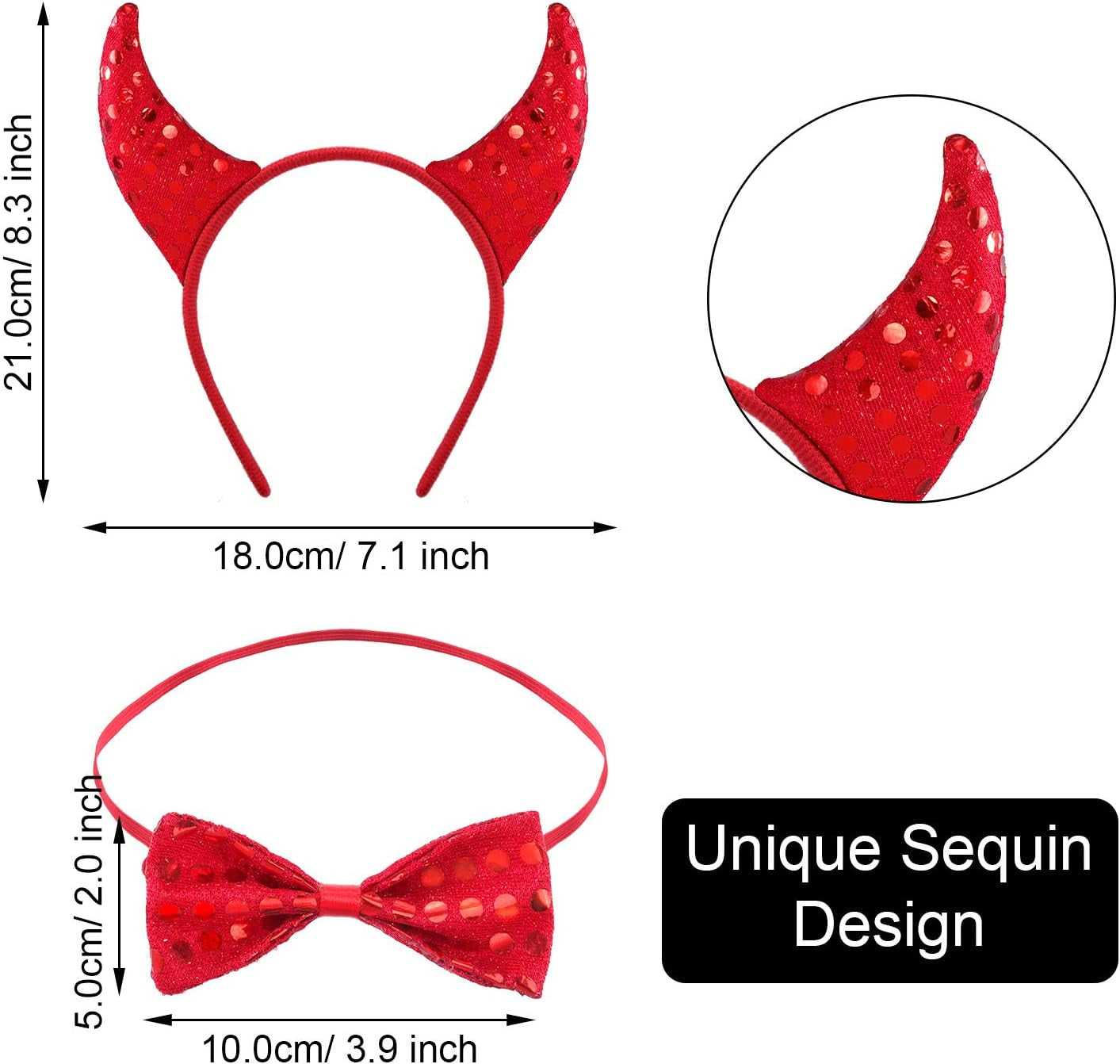 4 Pieces Sequin Devil Costume Halloween Devil Horn Headband Glittery Devil Tail Red Bowtie Devil Fork for Halloween Costume Accessories