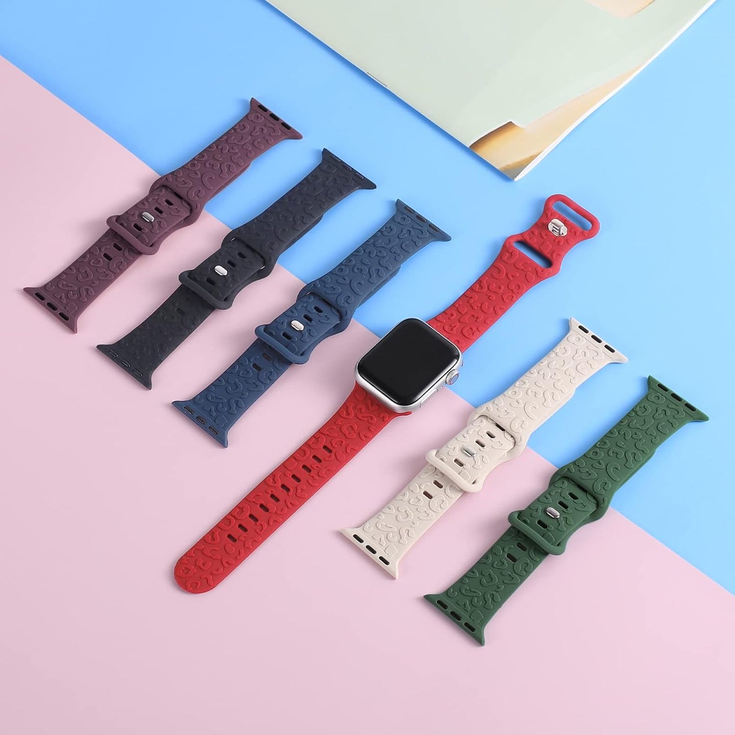 6 Pack Raised Leopard Engraved Pattern Silicone Bands Compatible with 38Mm 40Mm 41Mm 42Mm 44Mm 45Mm 49Mm, Replacement Sport Strap Wristbands for Iwatch Series Ultra 8/7/6/5/4/3/2/1 SE Women Men
