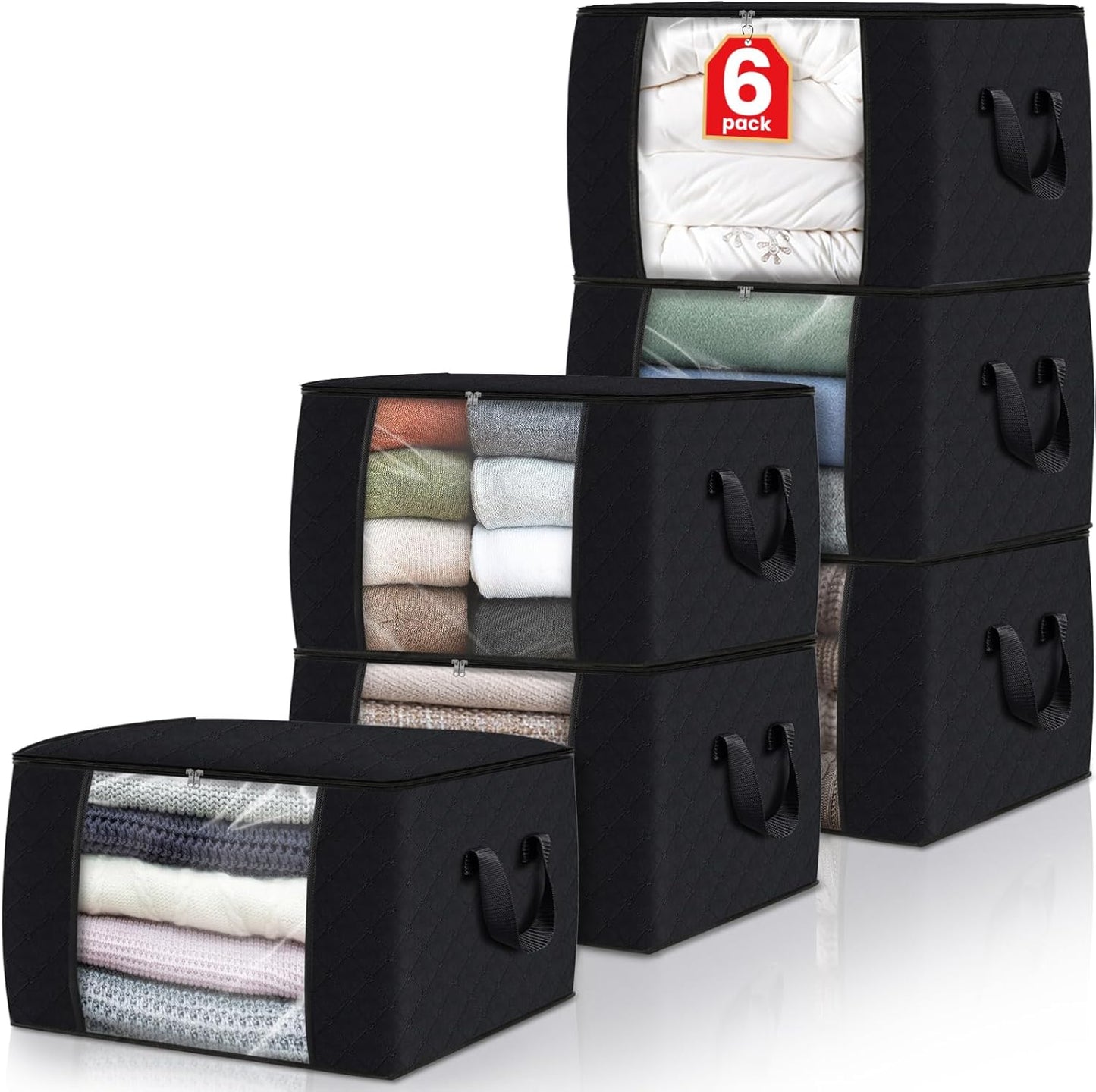 6 Pack Clothes Storage, Foldable Thick Fabric Blanket Storage Bags, Storage Containers for Organizing Bedroom, Closet, Clothing, Comforter, Organization and Storage with Handle,Grey