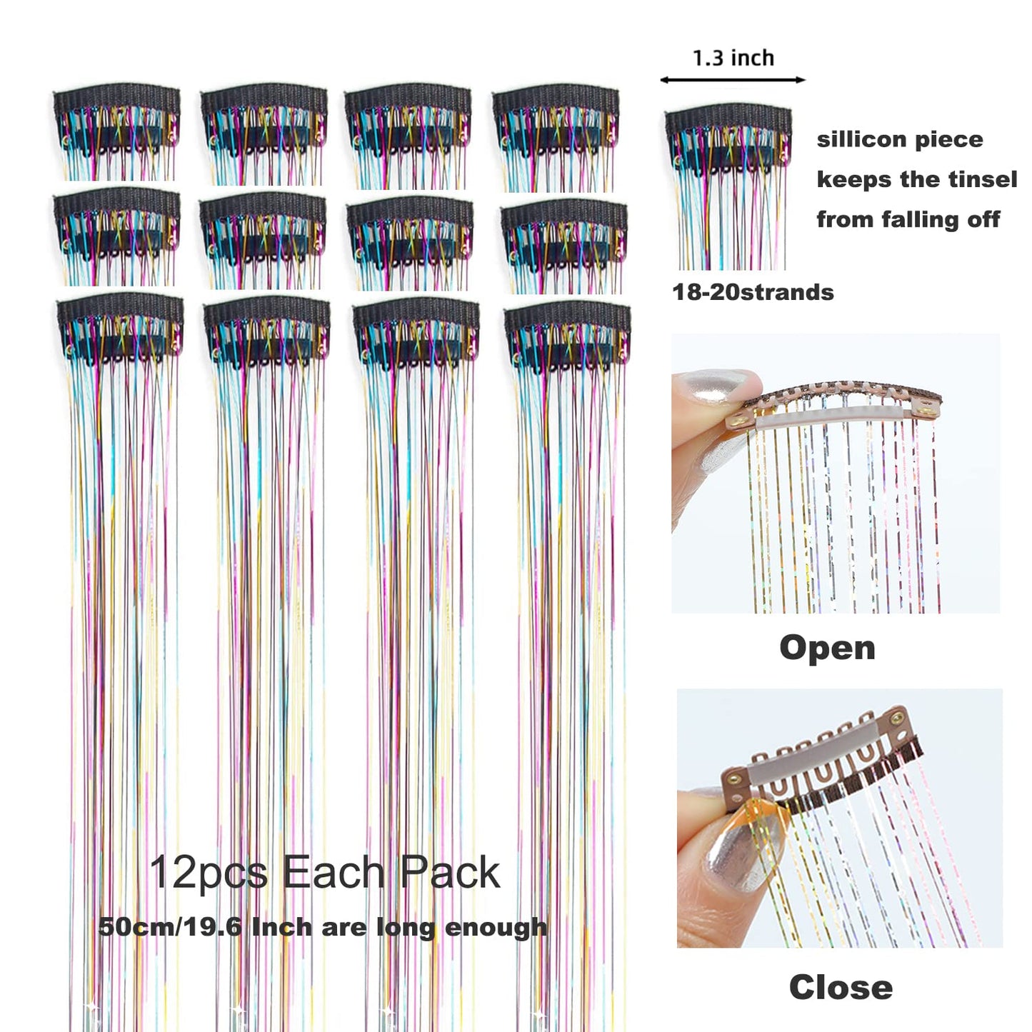 12Pcs Hair Tinsel Clip in 19.6Inch Glitter Tinsel Hair Extensions Clip in Hair Tinsel Kit Heat Resistant Shiny Sparkle Fairy Hair Accessories for Women Girls Kids (Mixed Color)