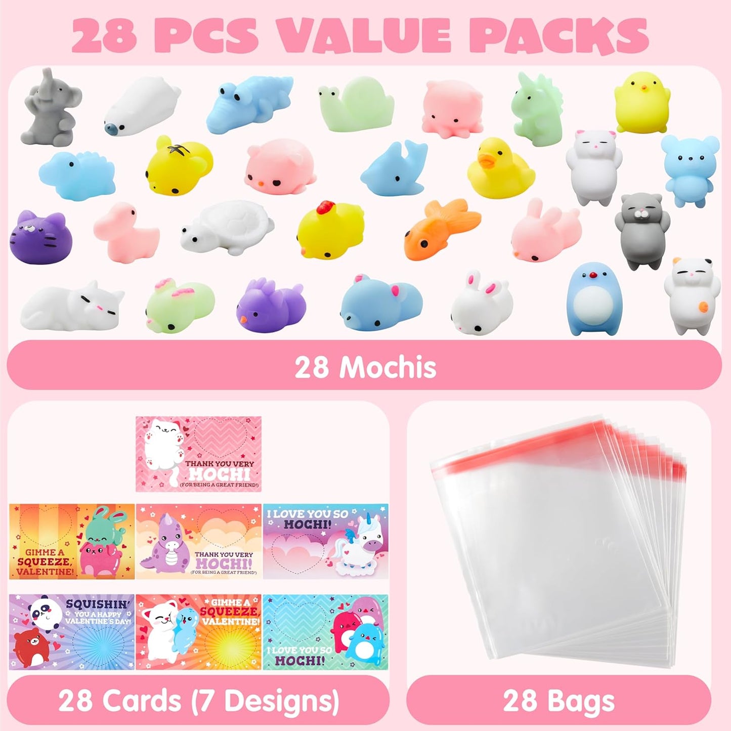 28 Packs Valentines Day Squishy Toy Gift Cards for Kids, Kawaii Mochi to Squeeze with Cards, Mochi Squishy Toy Stress Relief Fidget Toy for Kids Classroom Exchange Prizes Valentine Party Favor