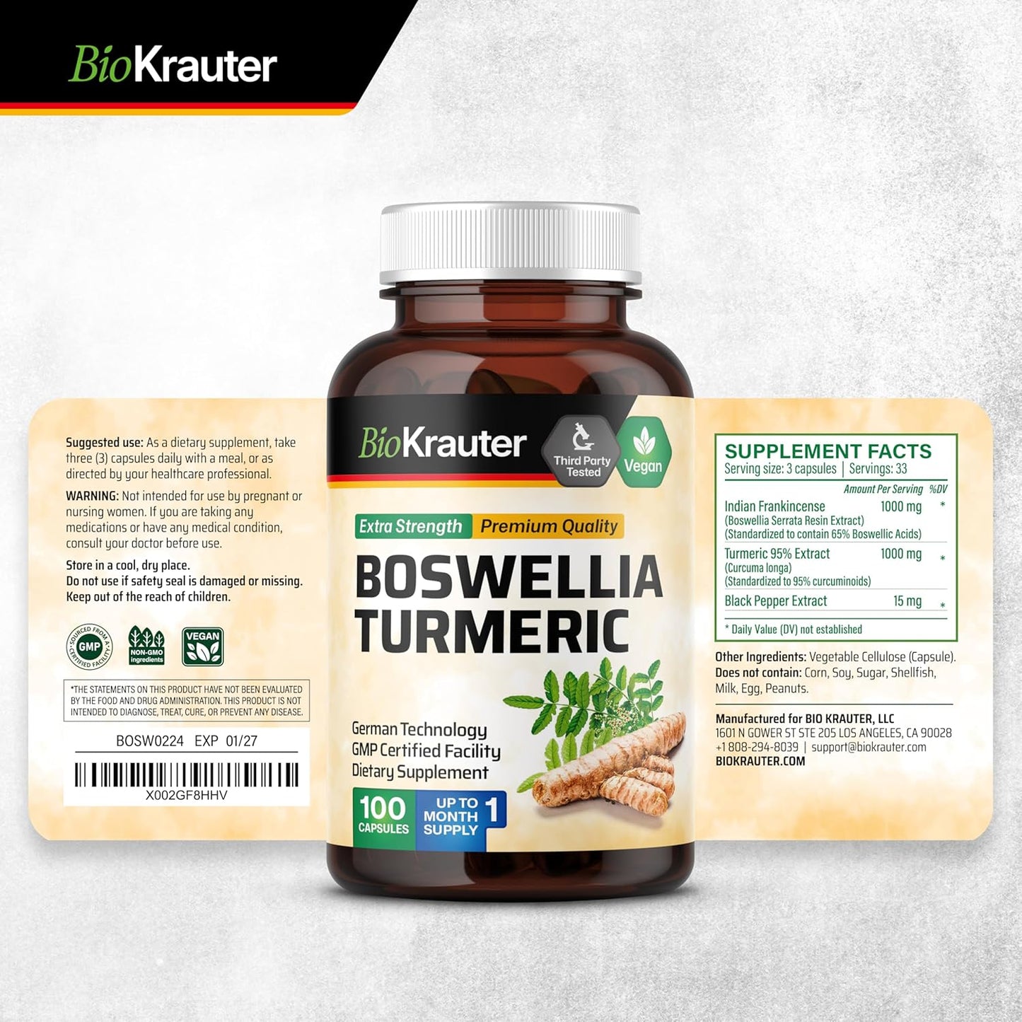 Turmeric Supplement with Boswellia Extract Capsules - 2000 Mg Blend - 100 Count - Vegan Boswellia Turmeric (Curcumin) - Formula W/Black Pepper TLBH