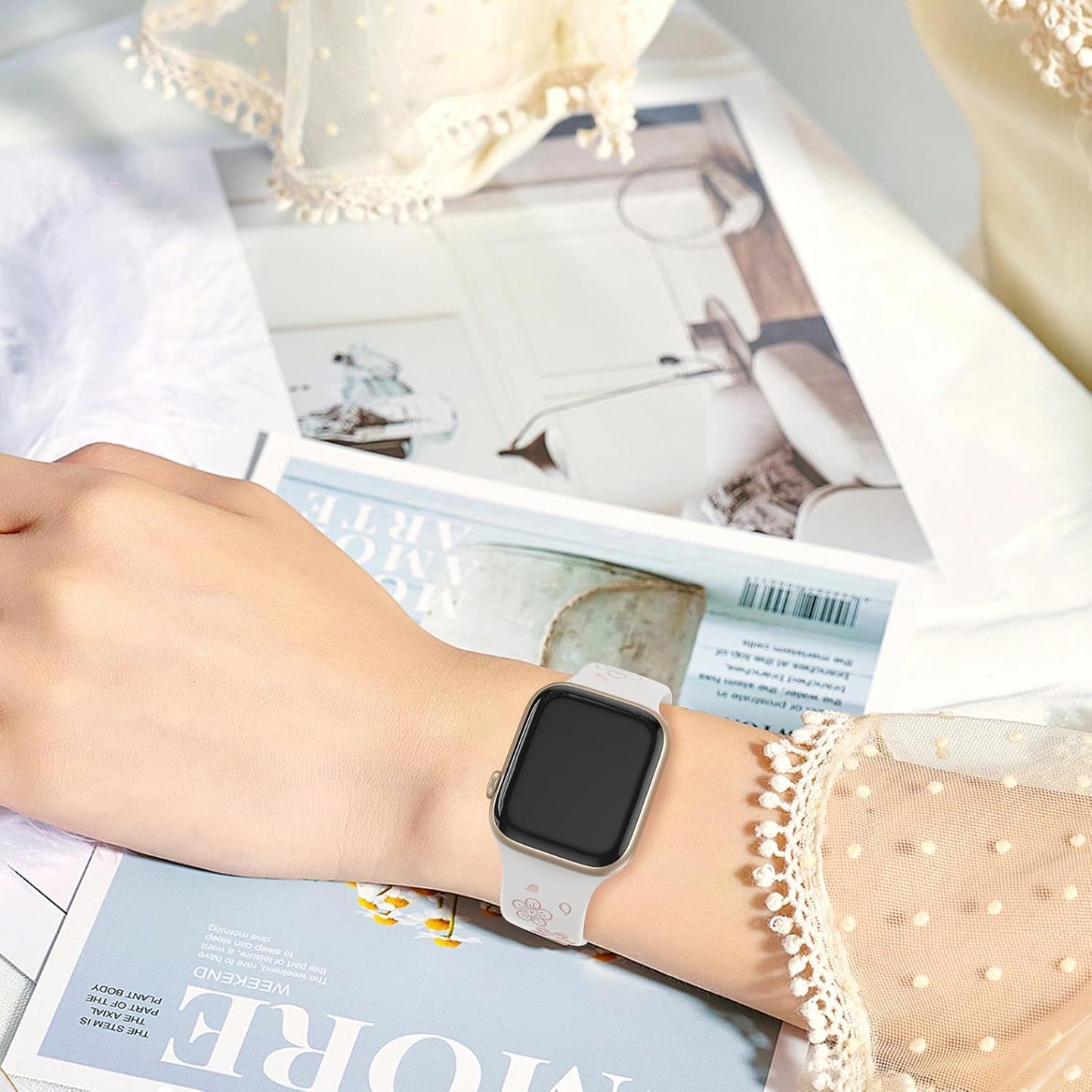 Floral Engraved Bands Compatible with Apple Watch 38Mm 40Mm 41Mm 42Mm 44Mm 45Mm 46Mm 49Mm for Women,Two-Tone Cute Flower Soft Silicone Sport Strap for Iwatch Ultra Series 10 9 8 7 6 5 4 3 2 1 SE