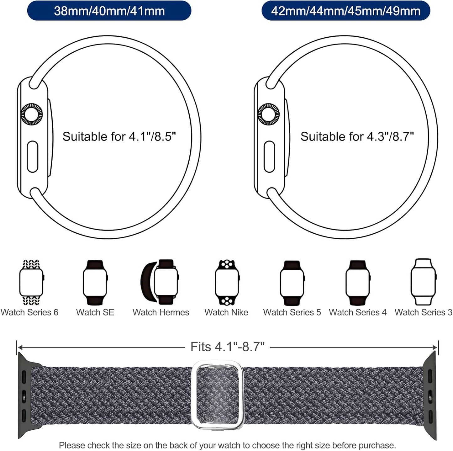 Stretchy Solo Loop Compatible with Apple Watch Band 38Mm 40Mm 41Mm 42Mm 44Mm 45Mm 49Mm, Adjustable Nylon Braided Elastic Sport Straps Womens Men Wristbands for Iwatch Series 8 7 6 5 4 3 2 1 SE Ultra, Elastic Sport Wristbands (38/40/41Mm, Dark Grey)