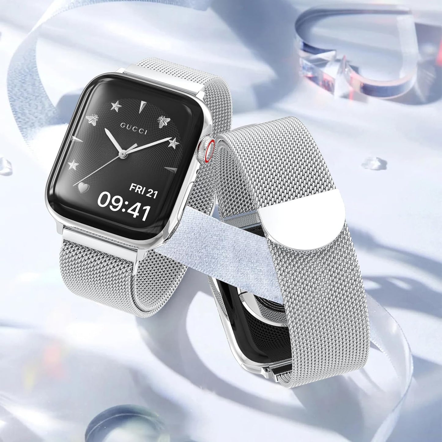 2 Pack Stainless Steel Mesh Loop Compatible with Apple Watch Band 38Mm 40Mm 41Mm 42Mm Series 10 Women Men, Magnetic Clasp Replacement Strap for Iwatch - Rose Gold+Silver
