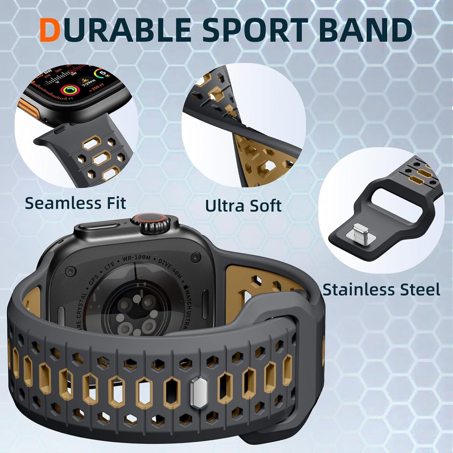 Earthy Yellow/Anthracite 26MM Width Breathable Silicone Sport Band Compatible with 49Mm Apple Watch Ultra 2/1, 46Mm Series 10, 45Mm Series 9 8 7, 44Mm Series 6 5 4 SE 2/1, 42Mm Series 3 2 1