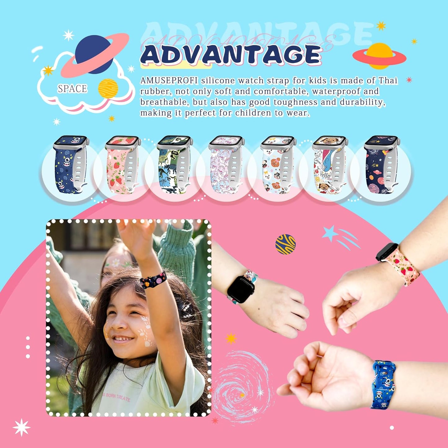 Kids Watch Band Compatible Apple Watch Bands for Kids, Iwatch Bands Compatible for Apple Watch Band for Kids, Cute Design Iwatch Bands for Kids Soft Silicone Watch Bands for Boys Girls