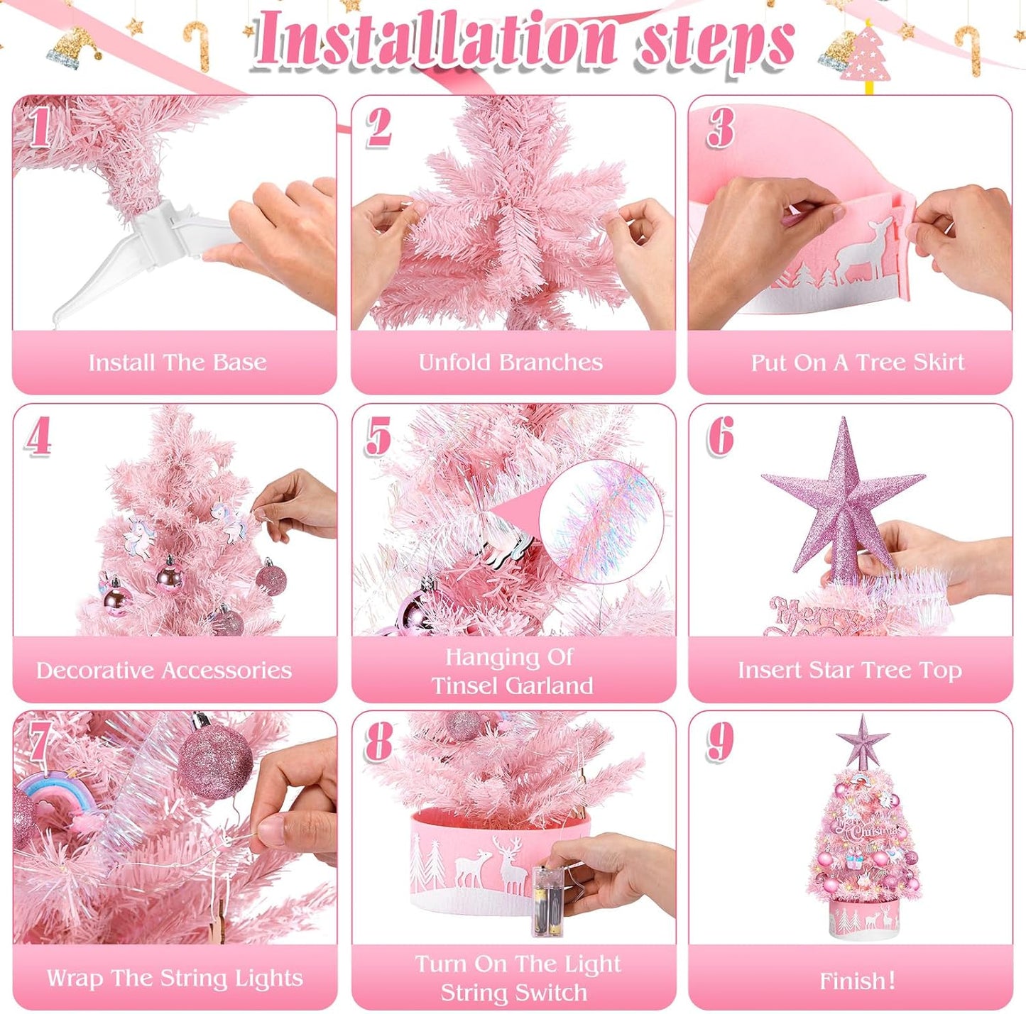 Tabletop Christmas Tree 24-Inch Mini Christmas Tree with LED String Lights, Star Treetop, Hanging Ornaments, Tabletop Small Xmas Tree for Holiday Indoor DIY Christmas Decor Pink