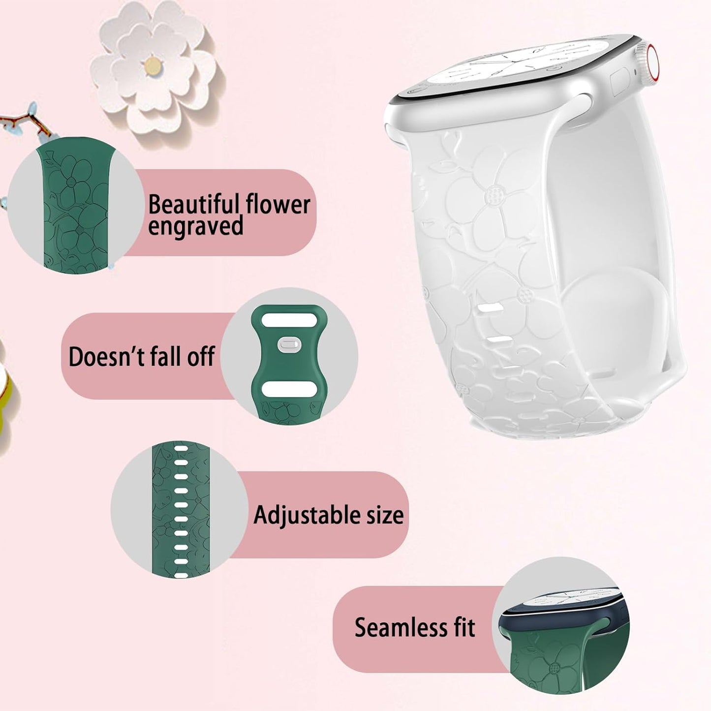 Flower Engraved Band Compatible with Apple Watch Band 38Mm 40Mm 41Mm 42Mm 44Mm 45Mm 49Mm Women, Silicone Cute Wildflowers Floral Strap for Iwatch Ultra 2/Ultra/Se/Series 9/8/7/6/5/4/3/2/1