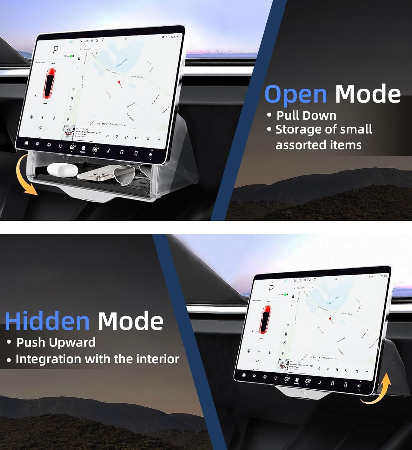 under Screen Storage for Tesla Model 3 Model Y 2016-2024, Open and Close Hidable Center Console Organizer Tray with Anti-Slip Silicone Pad for Tesla Model 3 Model Y Interior Accessories, Black
