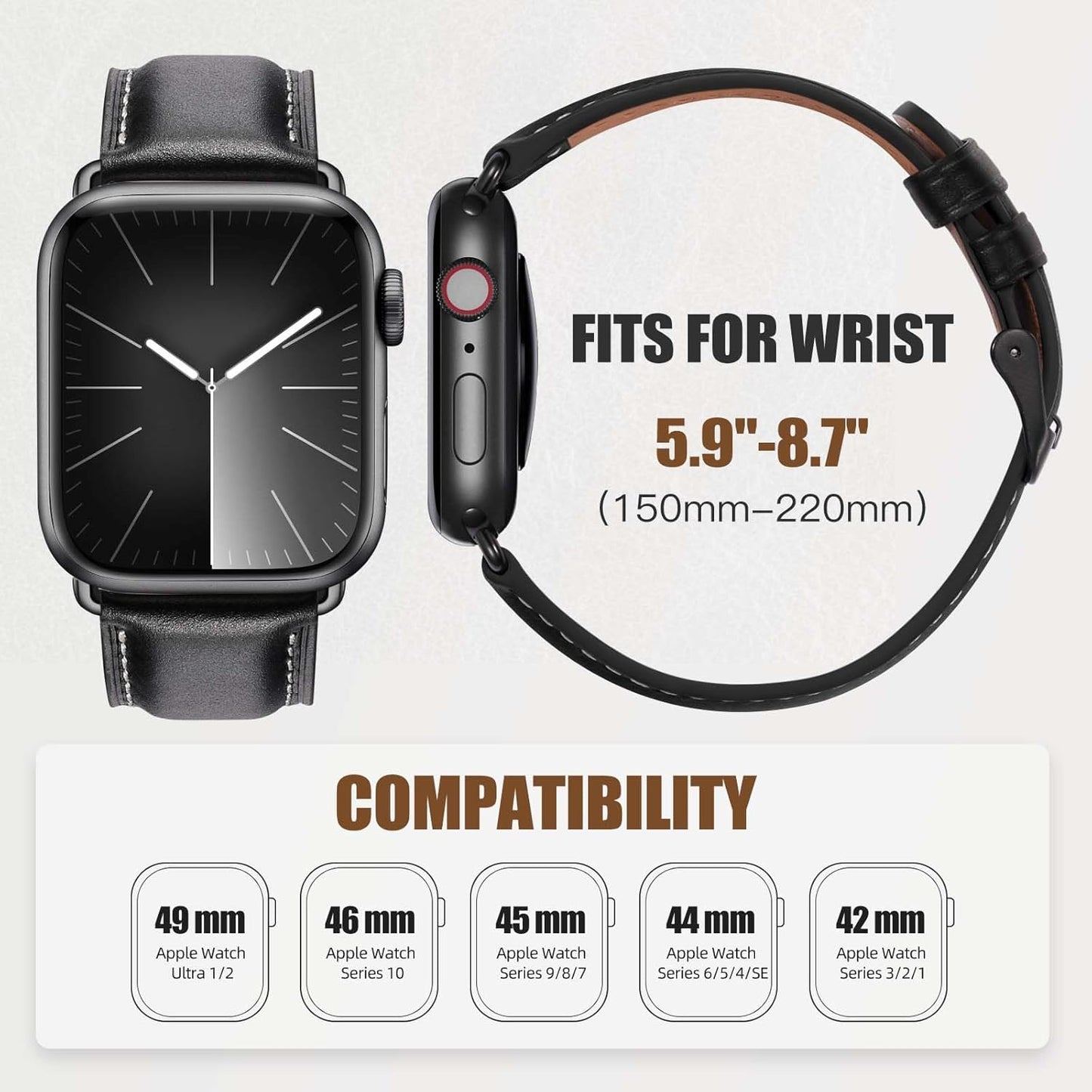 Leather Bands Compatible with Apple Watch Bands 49Mm 46Mm 45Mm 44Mm 42Mm 40Mm for Men Women, Vintage Genuine Leather Wristband Replacement Bands for Iwatch Series 10 9 8 7 6 5 4 3 2 1 SE Ultra2
