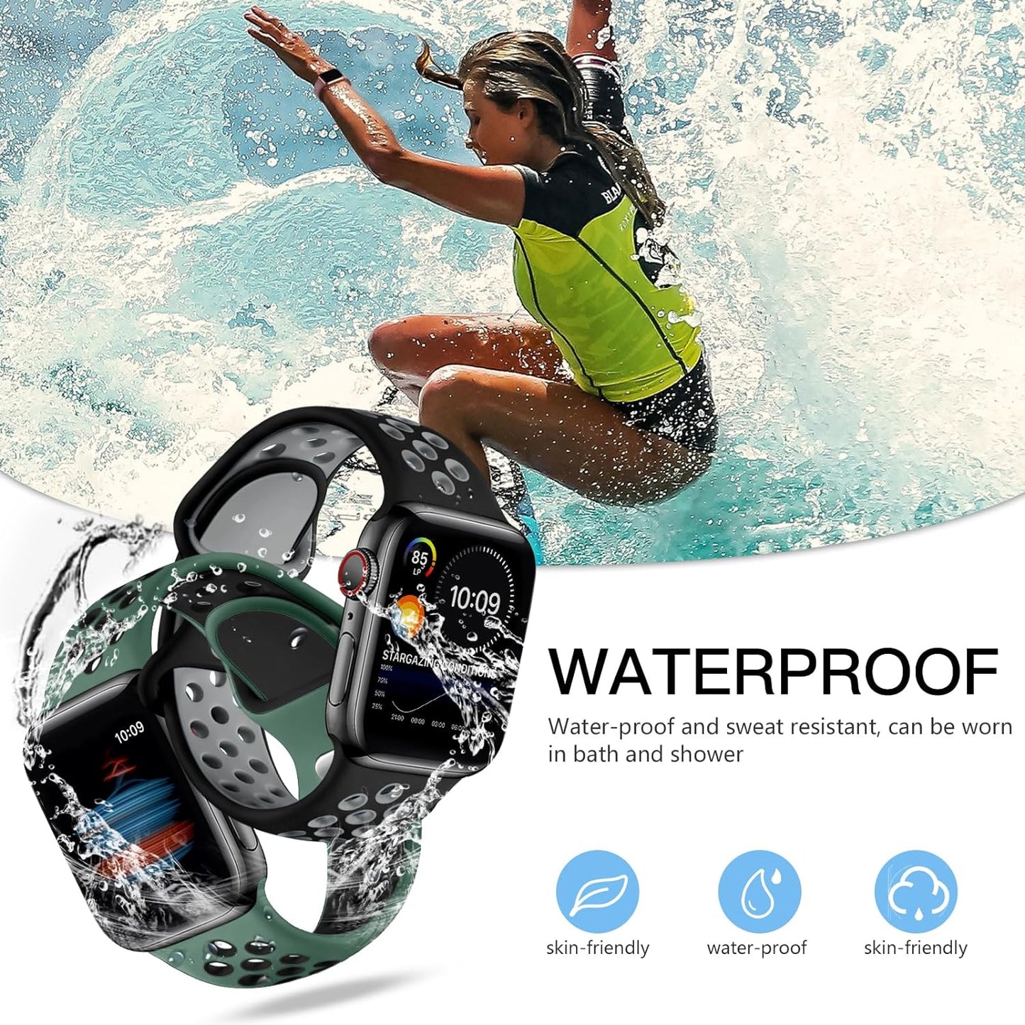 Compatible with Apple Watch Bands 41Mm 40Mm 38Mm for Women Men, Breathable Air Holes Silicone Replacement Sport Band for Iwatch SE Series 9 8 7 6 5 4 3 2 1, Black/Anthracite/Black/Pinegreen,S/M