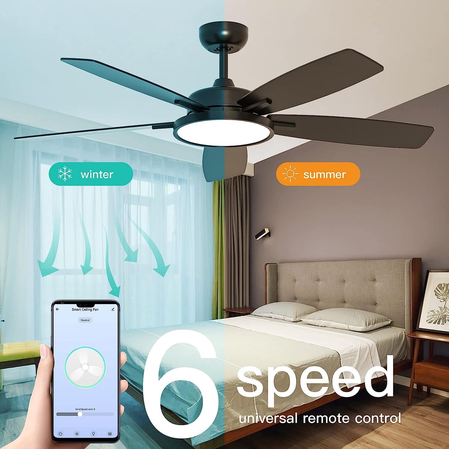 52 Inch Smart Ceiling Fan with Light,Ultra Silent Reversible DC Motor Fan Remote Control Compatible with Alexa Google Home(Black)