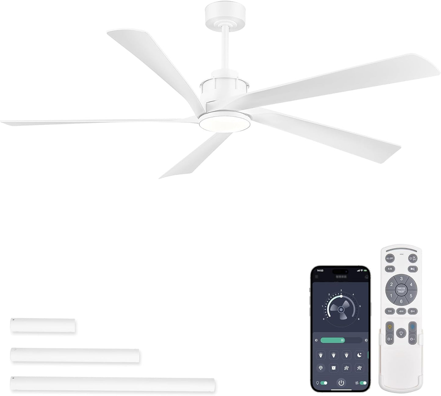 64 Inch Ceiling Fans with Lights and Remote,Smart Ceiling Fan with APP Control,Reversible DC Motor,Dimmable,5 ABS Blades,White Indoor/Outdoor Modern Low Profile Ceiling Fan with Light