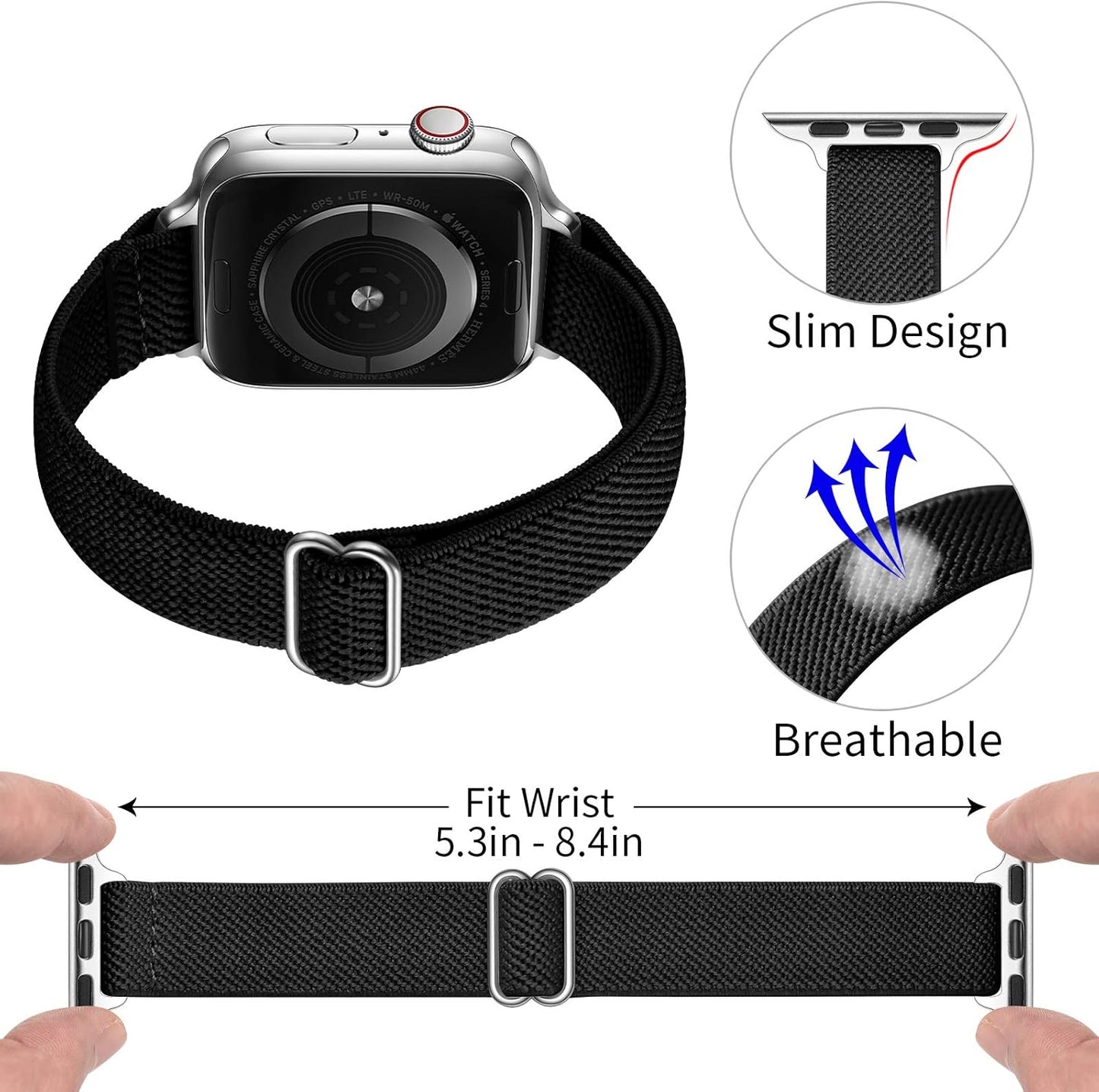 Slim Stretchy Bands Compatible with Apple Watch Band 41Mm 40Mm 38Mm, Women Elastics Nylon Thin Band Strap for Iwatch SE2 SE Series 9 8 7 6 5 4 3 2 1 (Black/Silver, 41Mm 40Mm 38Mm)