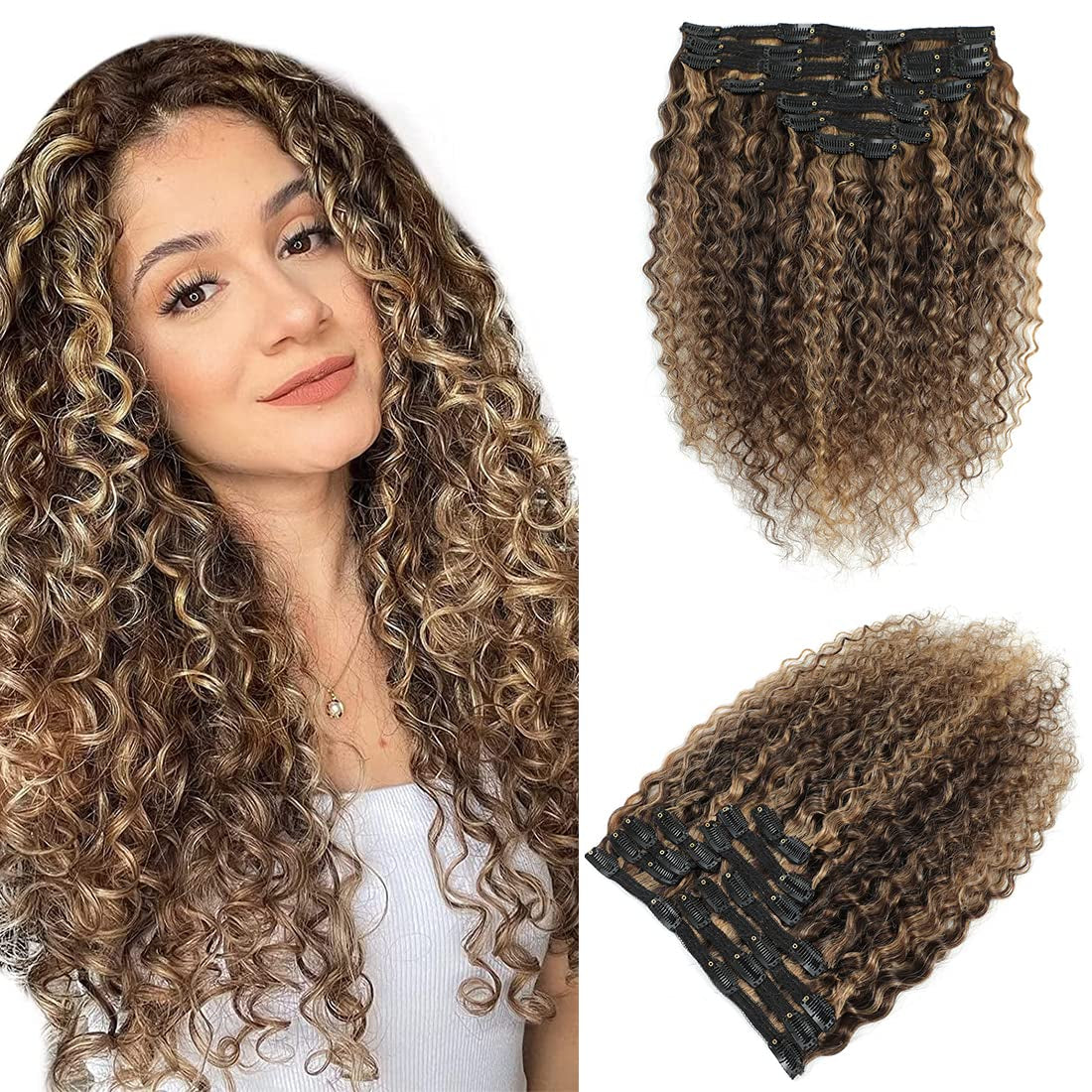 Human Hair Clip in Extensions for Black Women 4/27 Water Wavy Curly Clip in Hair Extensions Real Human Hair 4/27 Chocolate Brown Mix Blonde Highlight Clip Ins Natural Hair 10Pcs/120G