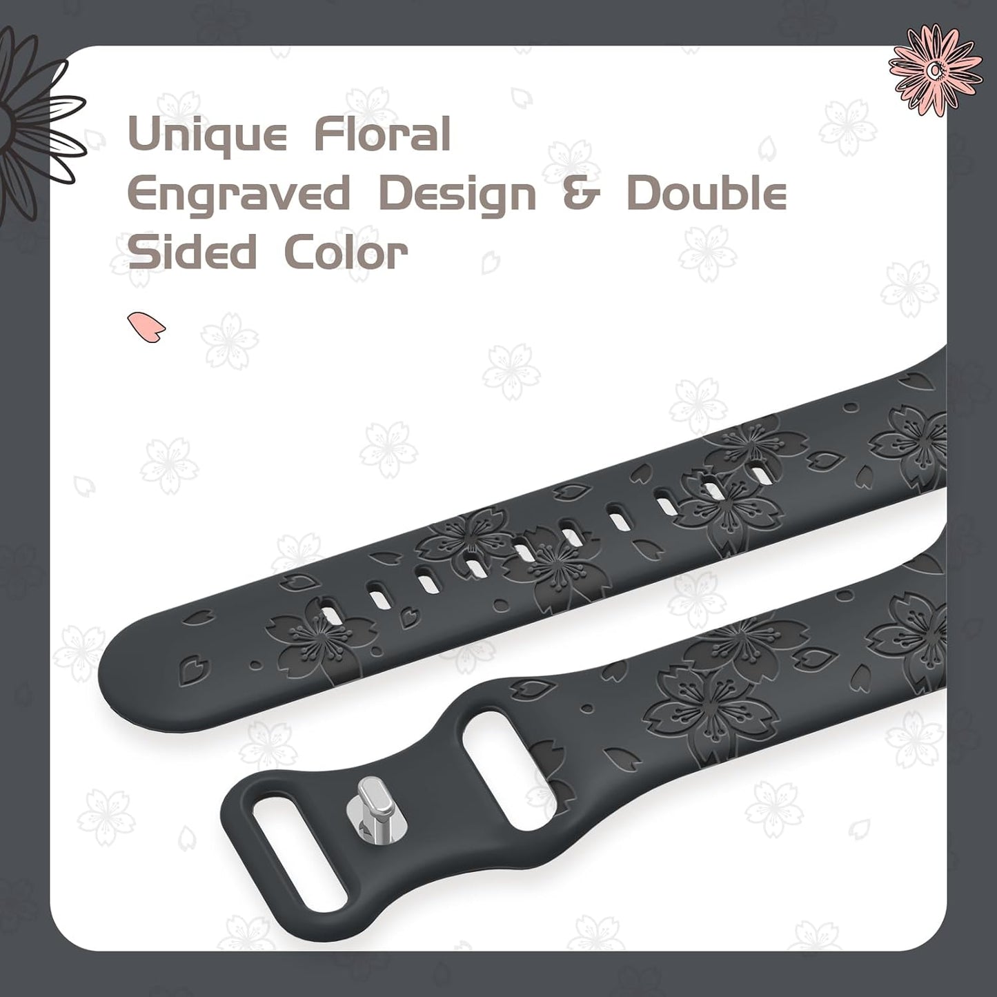 Designer Floral Engraved Band Compatible with Apple Watch Bands 40Mm 38Mm 41Mm 42/45/49Mm,Two-Tone Flower Soft Silicone Sport Strap for Iwatch Series 9 Ultra SE 8 7 6 5 4 3 2 Coal Grey