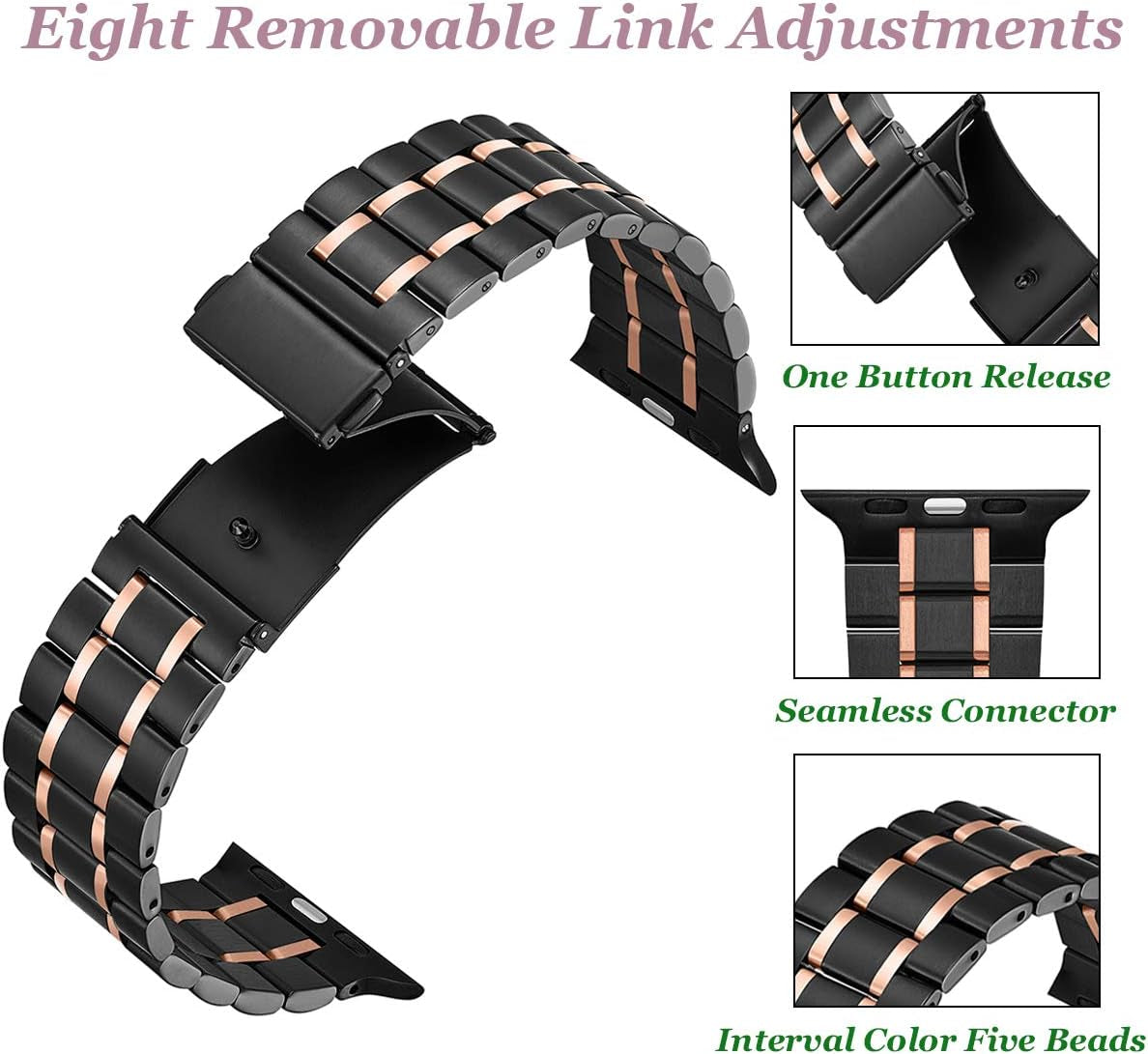 Compatible for Apple Watch Band 42Mm 44Mm 45Mm 49Mm, Stainless Steel Metal Adjustable Sport Business Wristband Bracelet Strap for Iwatch Series Ultra 8 7 6 SE 5 4 3 2 1 (Black/Rose Gold)