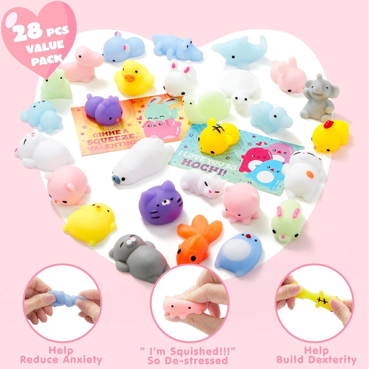 28 Packs Valentines Day Squishy Toy Gift Cards for Kids, Kawaii Mochi to Squeeze with Cards, Mochi Squishy Toy Stress Relief Fidget Toy for Kids Classroom Exchange Prizes Valentine Party Favor