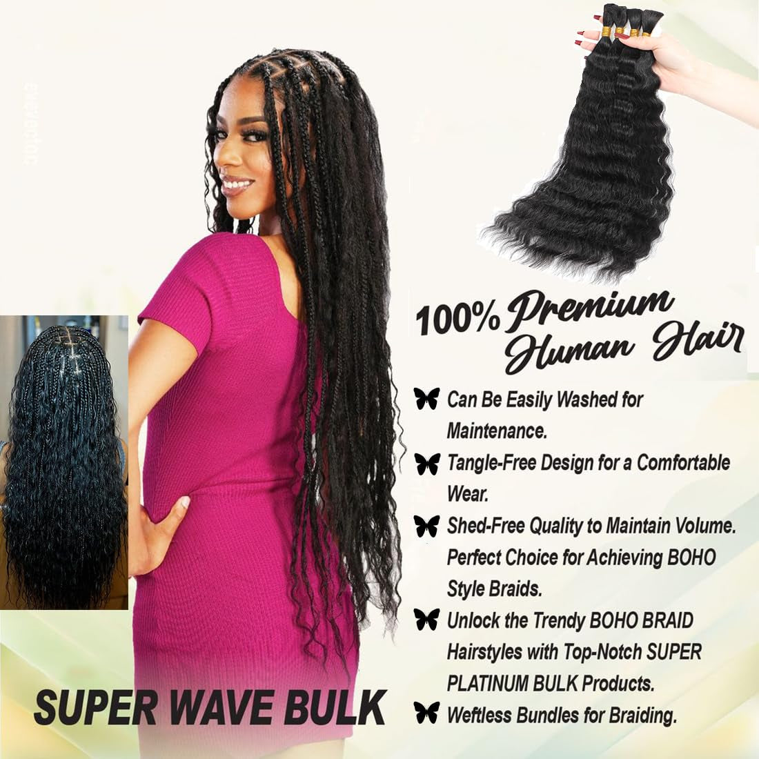 Super Wave Bulk Human Hair 100% Unprocessed Brazilian Virgin Human Hair Extensions Bundles for Braiding Hair Wet and Wave Micro Human Hair(1Pack-4Pcs, 18Inch Natural Black)