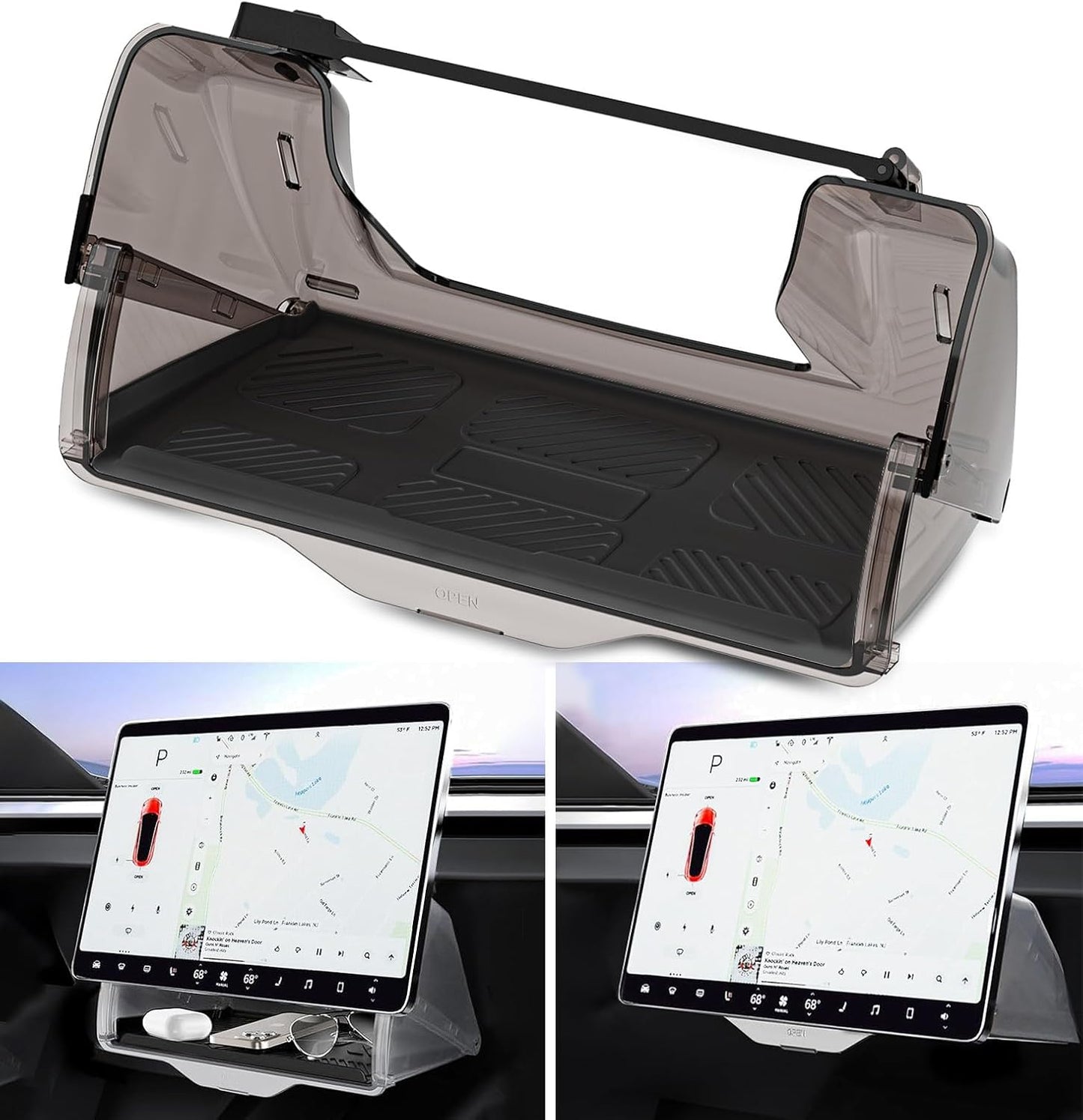 under Screen Storage for Tesla Model 3 Model Y 2016-2024, Open and Close Hidable Center Console Organizer Tray with Anti-Slip Silicone Pad for Tesla Model 3 Model Y Interior Accessories, Black