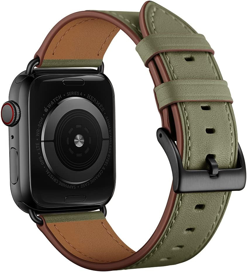Compatible with Apple Watch Band 41Mm 40Mm 38Mm, Genuine Leather Band Replacement Strap Compatible with Apple Watch Series 9/8/7/6/5/4/3/2/1/SE2/SE, Army Green Band with Black Adapter