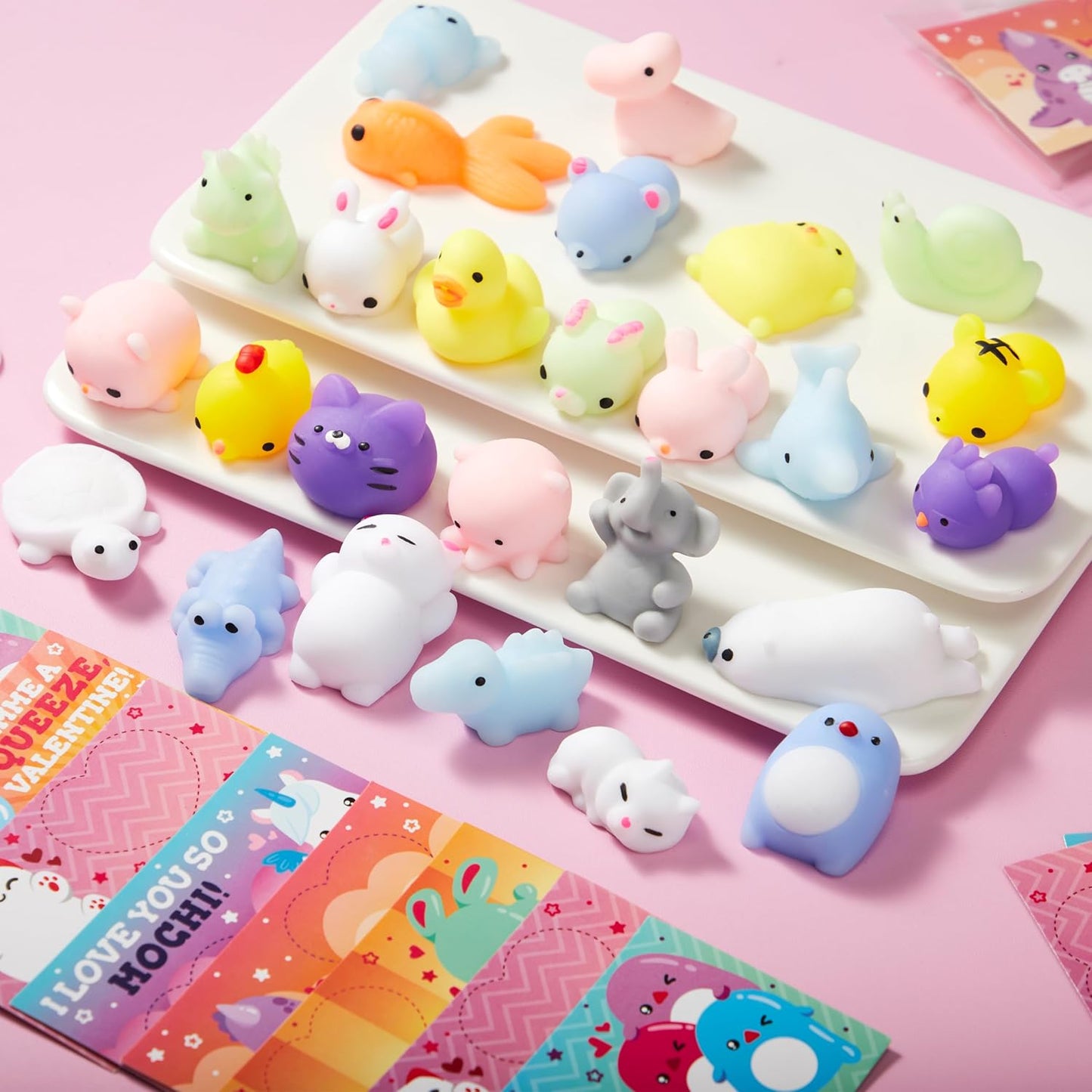28 Packs Valentines Day Squishy Toy Gift Cards for Kids, Kawaii Mochi to Squeeze with Cards, Mochi Squishy Toy Stress Relief Fidget Toy for Kids Classroom Exchange Prizes Valentine Party Favor