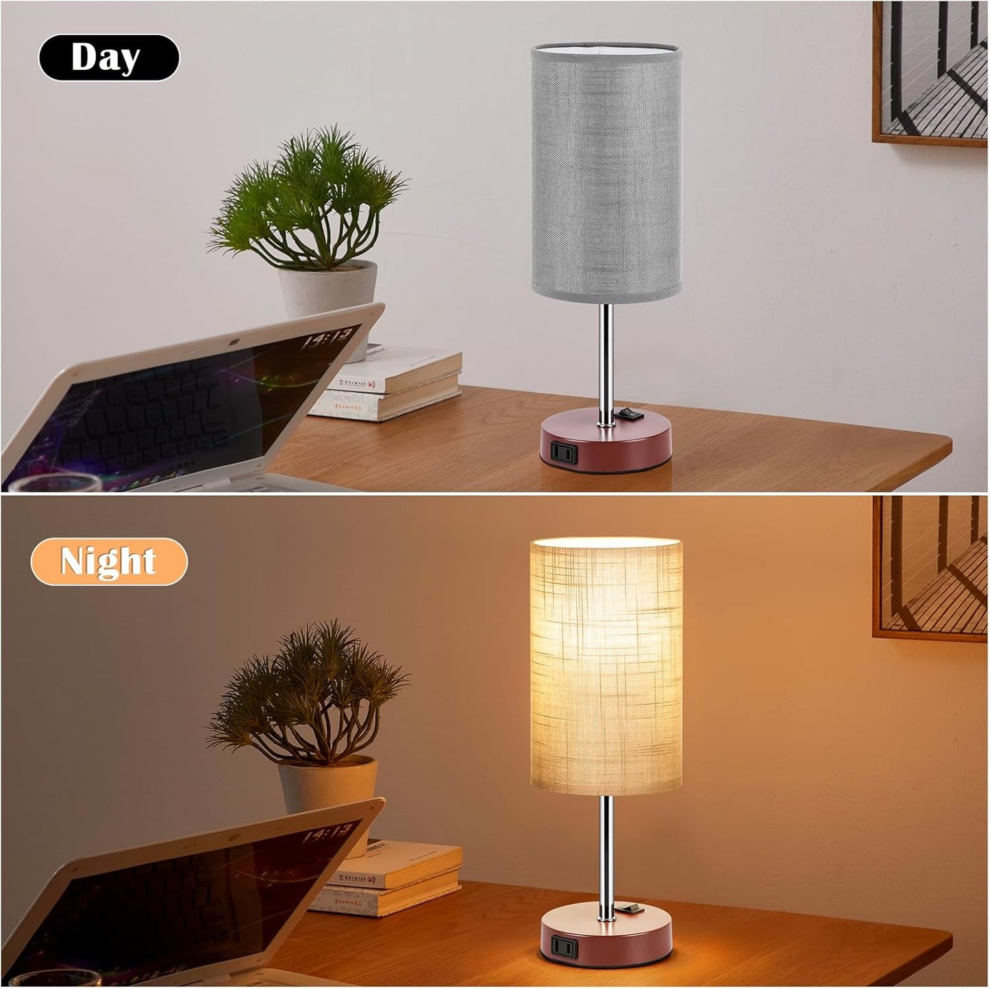 Table Lamp for Bedroom Set of 2, Bedside Small Lamps with 3 Way Dimmable Rocker Switch and AC Outlet, Nightstand Desk Lamp with Gray Fabric Shade Brown Base for Living Room Home Decor Lights