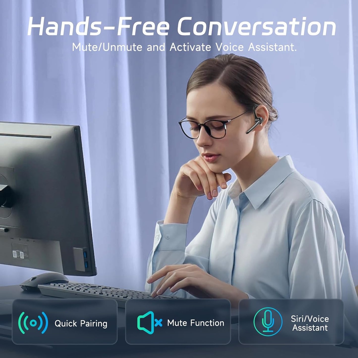 Wireless Headset Bluetooth Earpiece with Dual Noise Canceling Microphone Hands Free Headphones Single Ear Earphone over Ear Earbud for Iphone Samsung Android Cellphones TV PC Trucker Game Work TRUCK DRIVER