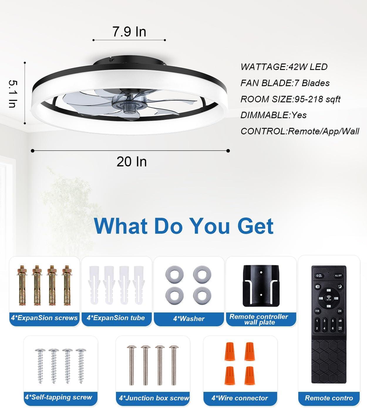 Ceiling Fans with Lights and Remote, 20" Fandelier Ceiling Fan Flush Mount, 3000K-6500K Smart Bladeless LED Fan Light, Modern Low Profile Ceiling Fan with Light for Bedroom, Kids Room and Living Room.